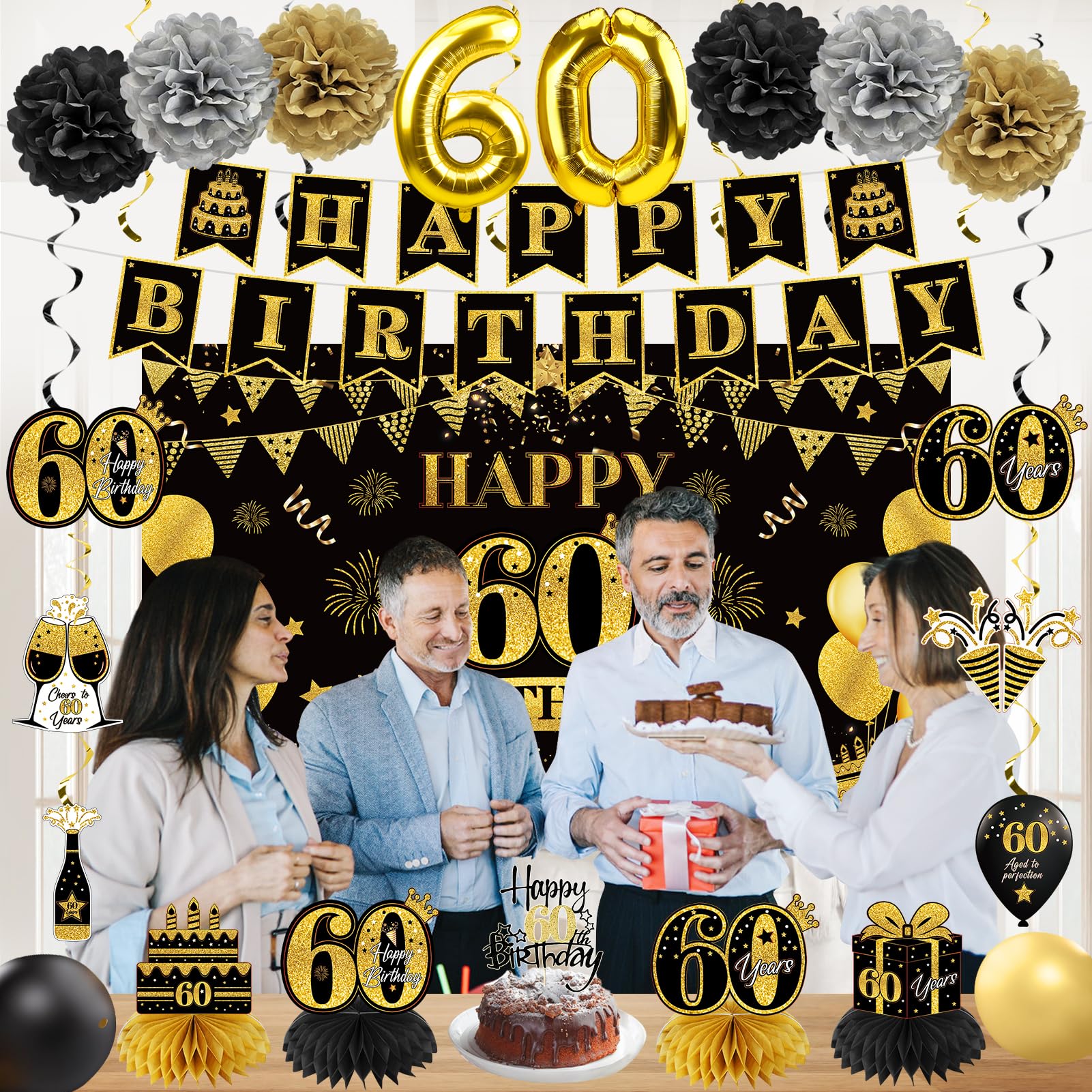 Eucutur 42Pcs 60Th Birthday Decoration Kit For Men Women, Black Gold Happy 60Th Bday Banner Balloons Honeycomb Centerpiece Swirl