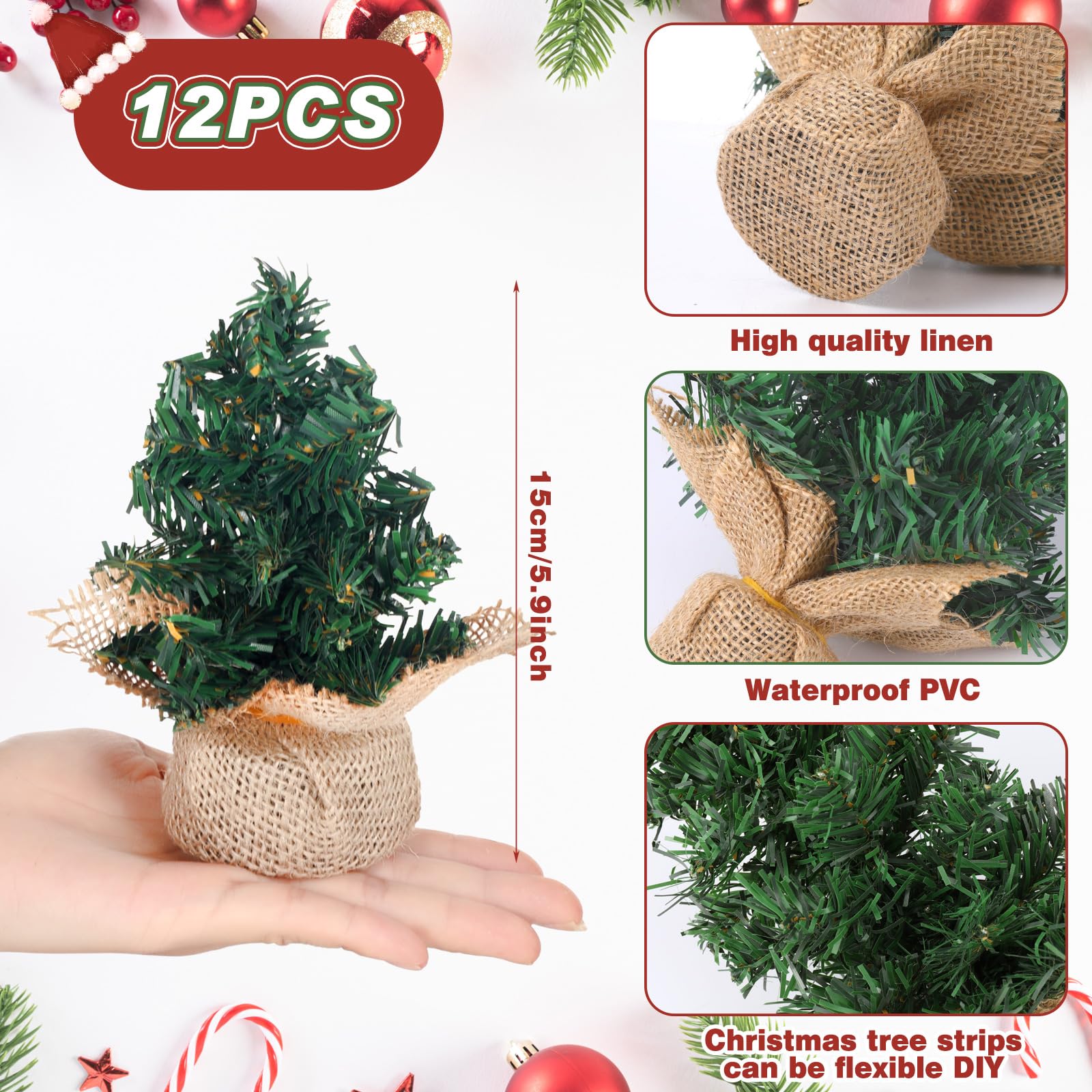 Yinder Tabletop 12 Pcs Mini Christmas Tree 5.91 Inches Artificial Mini Xmas Miniature Pine Christmas Tree with Linen Base for Xm