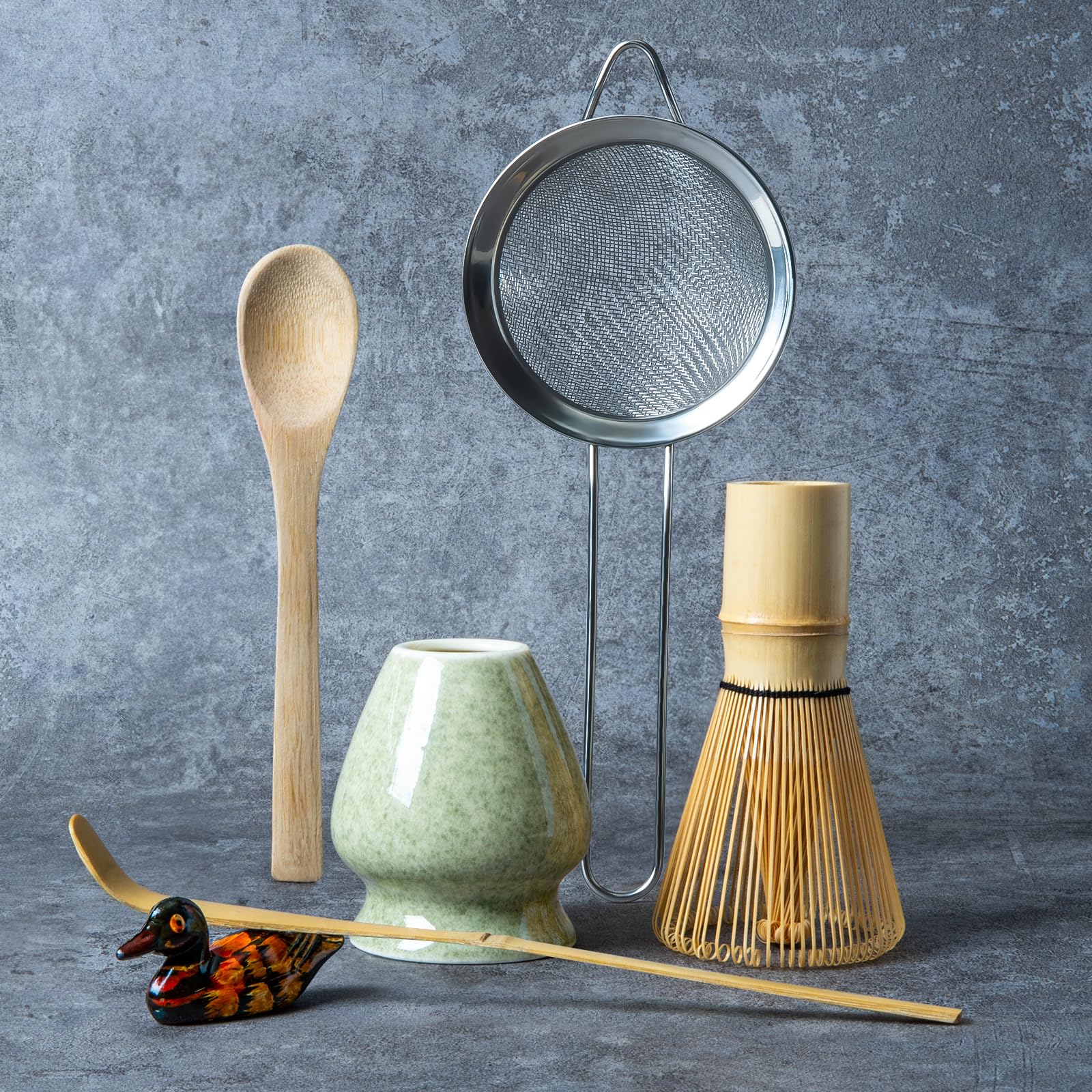 Matcha Whisk Set, Matcha Making Kit Whisk (Chasen Holder), Ceramic Whisk Holder (Mottled Green), Bamboo Scoop, Powder Starter Si