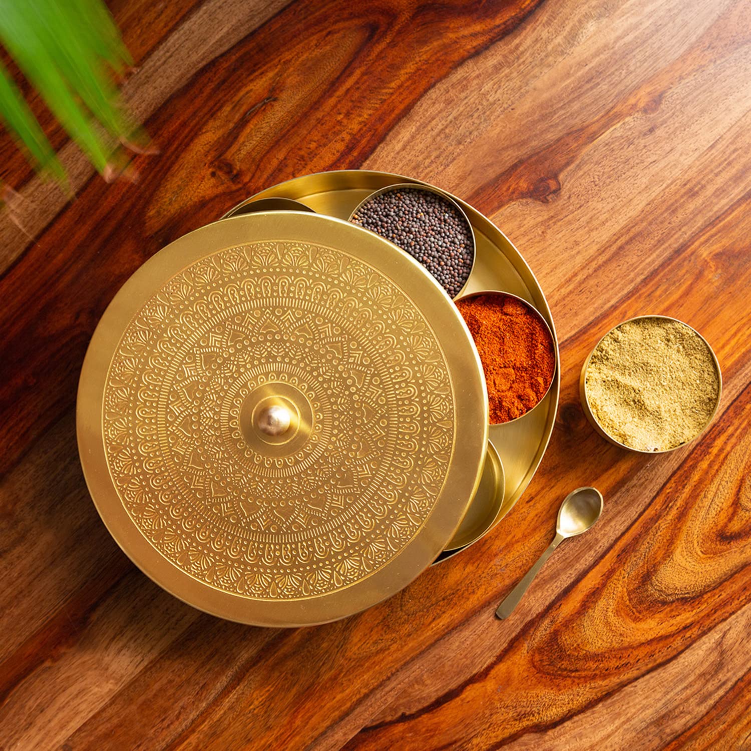 Exclusivelane Floral Brass Spice Box For Kitchen With Spoon (7 Detachable Containers, Each Container:100 Gram, Gold) |Brass Ma