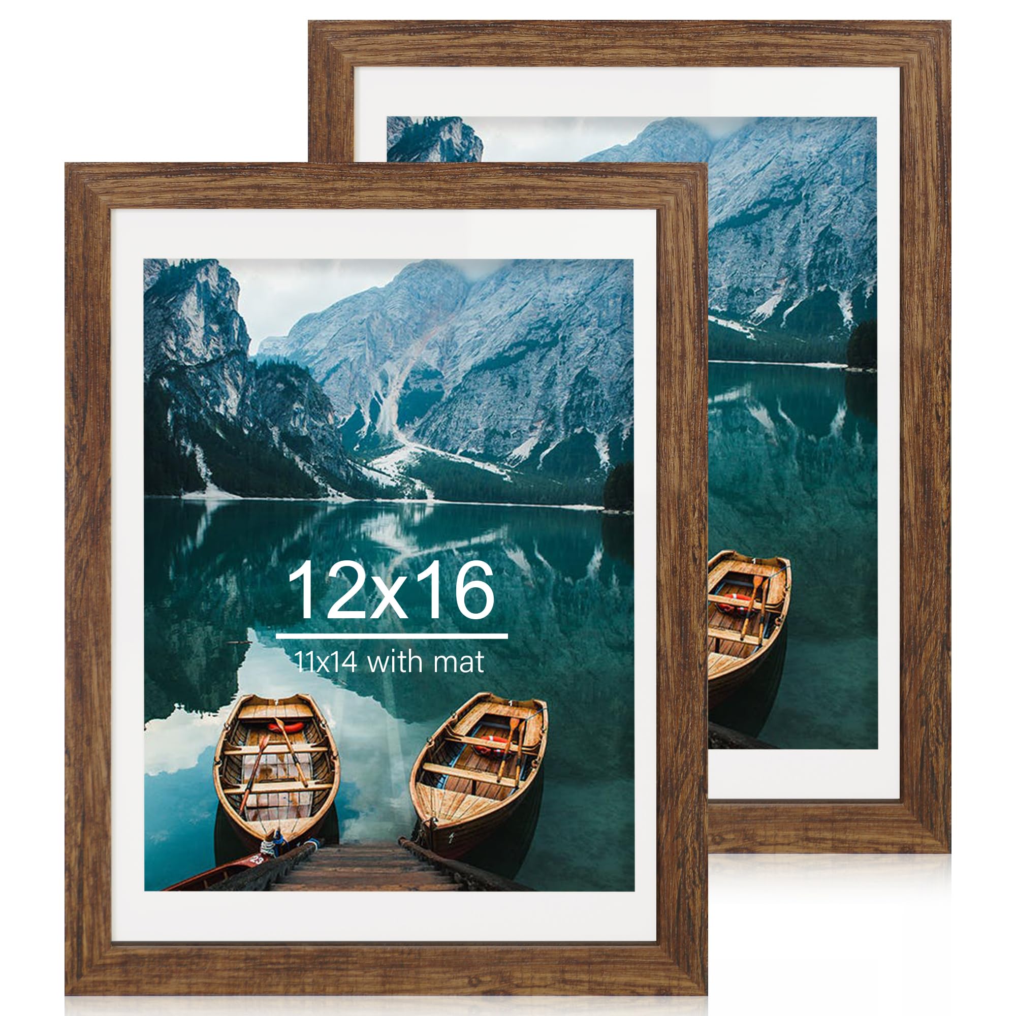 Hongkee 12x16 Picture Frame Set of 2, Rustic Brown Wood Style - Display 12 x 16 Poster without Mat or 11x14 Picture with Mat, Wa