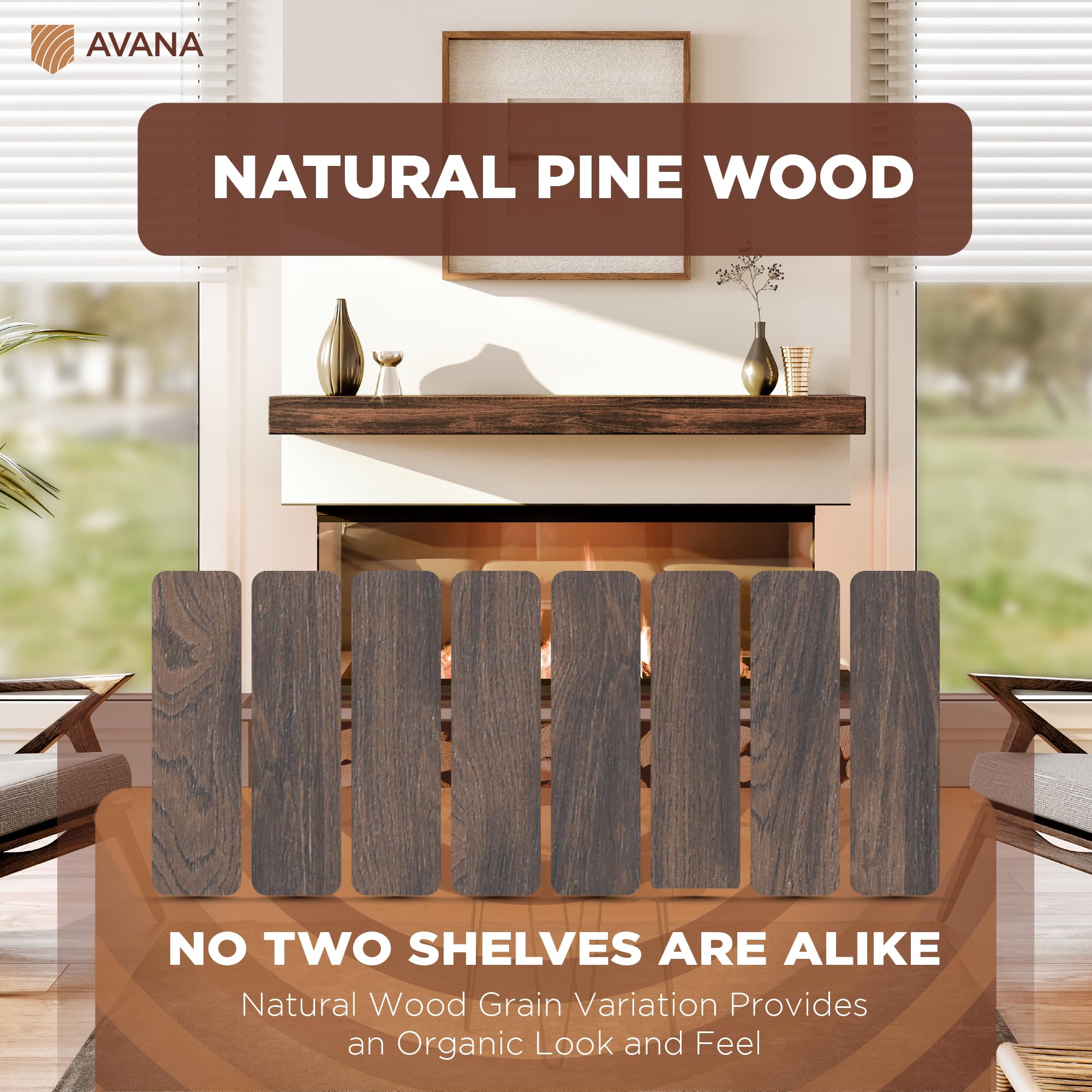 Avana Floating Fireplace Mantle - Mantles For Over Fireplace - Wall Mount Fireplace Mantel Shelves - Handcrafted Natural Wood Fi