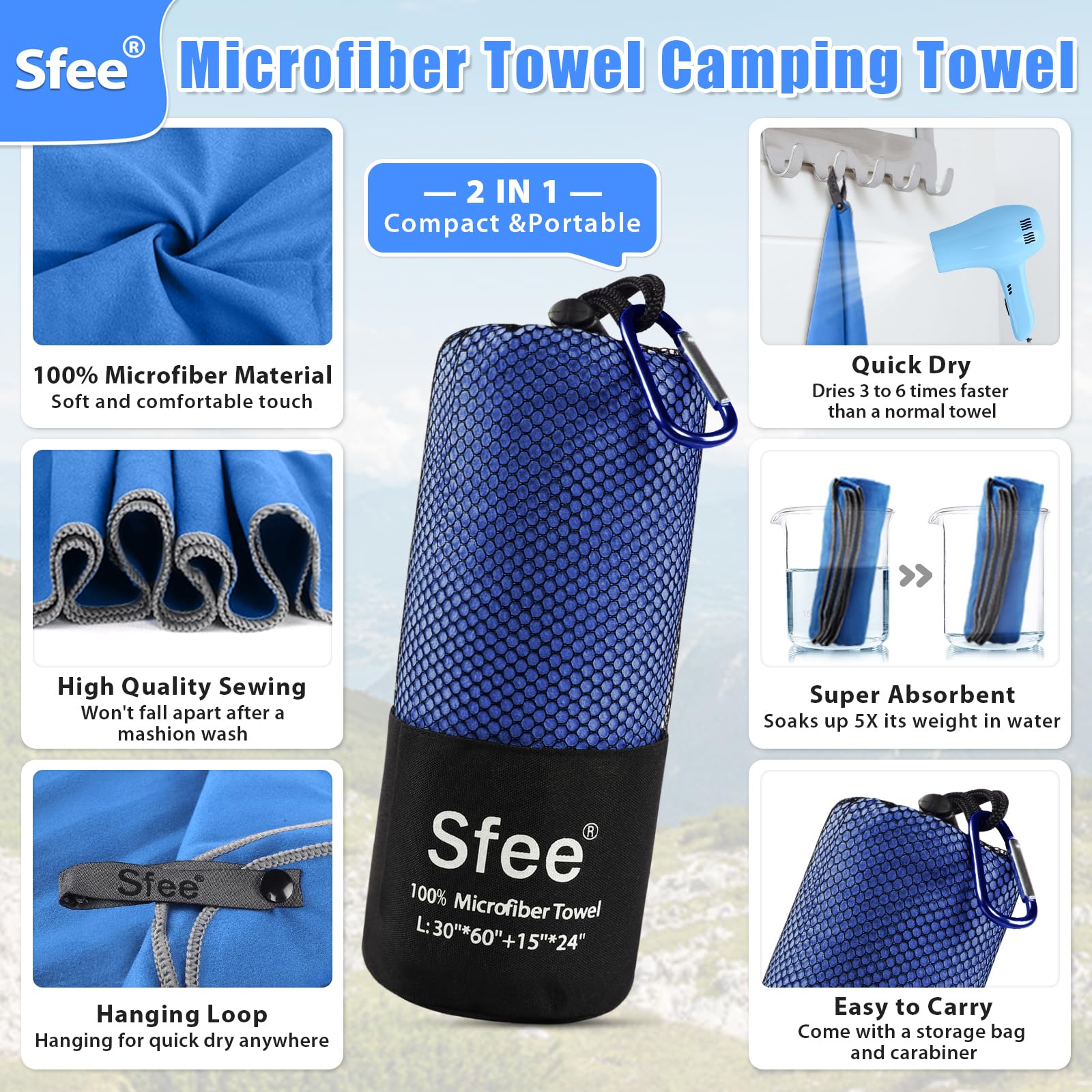 Sfee 2 Pack Microfiber Travel Towel  Quick Dry Towel Camping Towel Super Absorbent Compact Lightweight Sports Towel Swim Towel Gym Towel Beach Towel Set for Gym  Hiking  Pool  Backpacking  Bath  Yoga