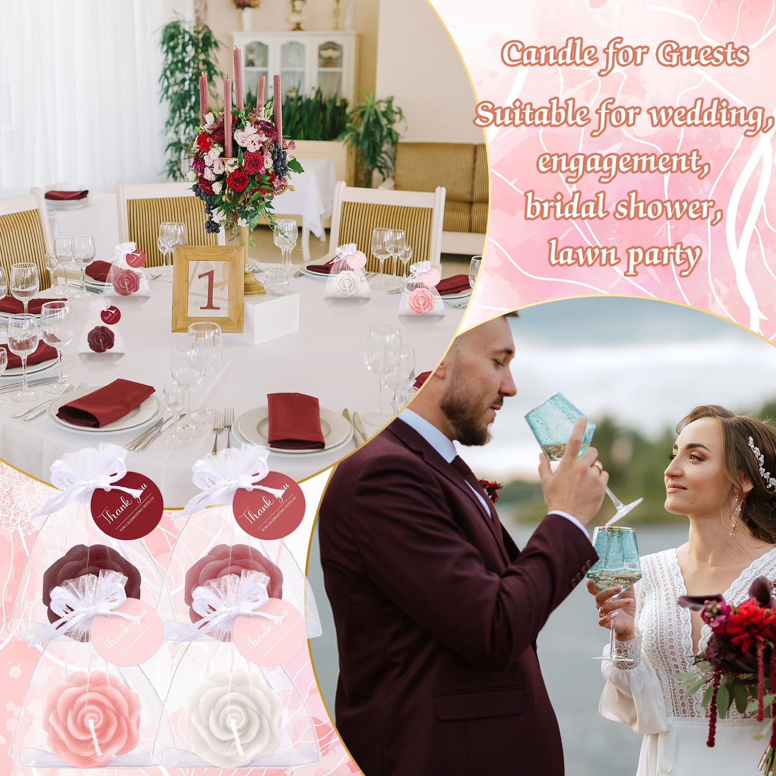 Treela 50 Set Flower Candles Wedding Favor for Guests Mini Burgundy Rose Shaped Tealight Candles for Return Gift Wedding Birthda
