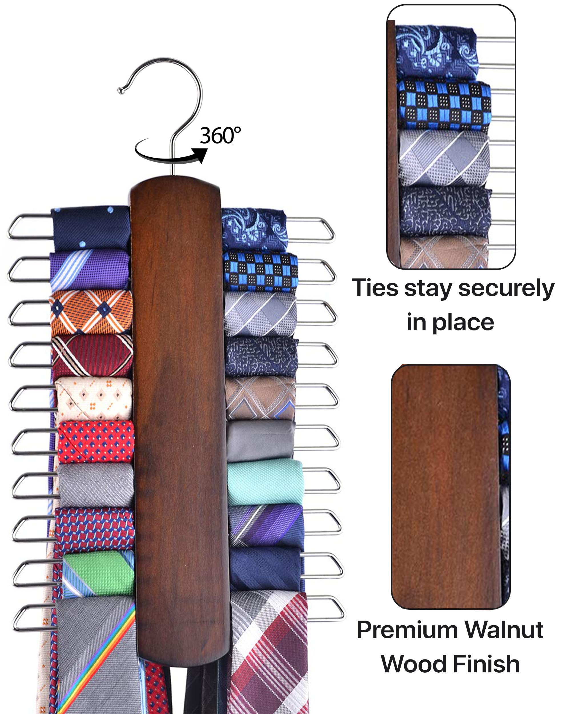 Umo Lorenzo Premium Wooden Necktie And Belt Hanger, Walnut Wood Center Organizer And Storage Rack With A Non-Slip Finish - 20 Ho