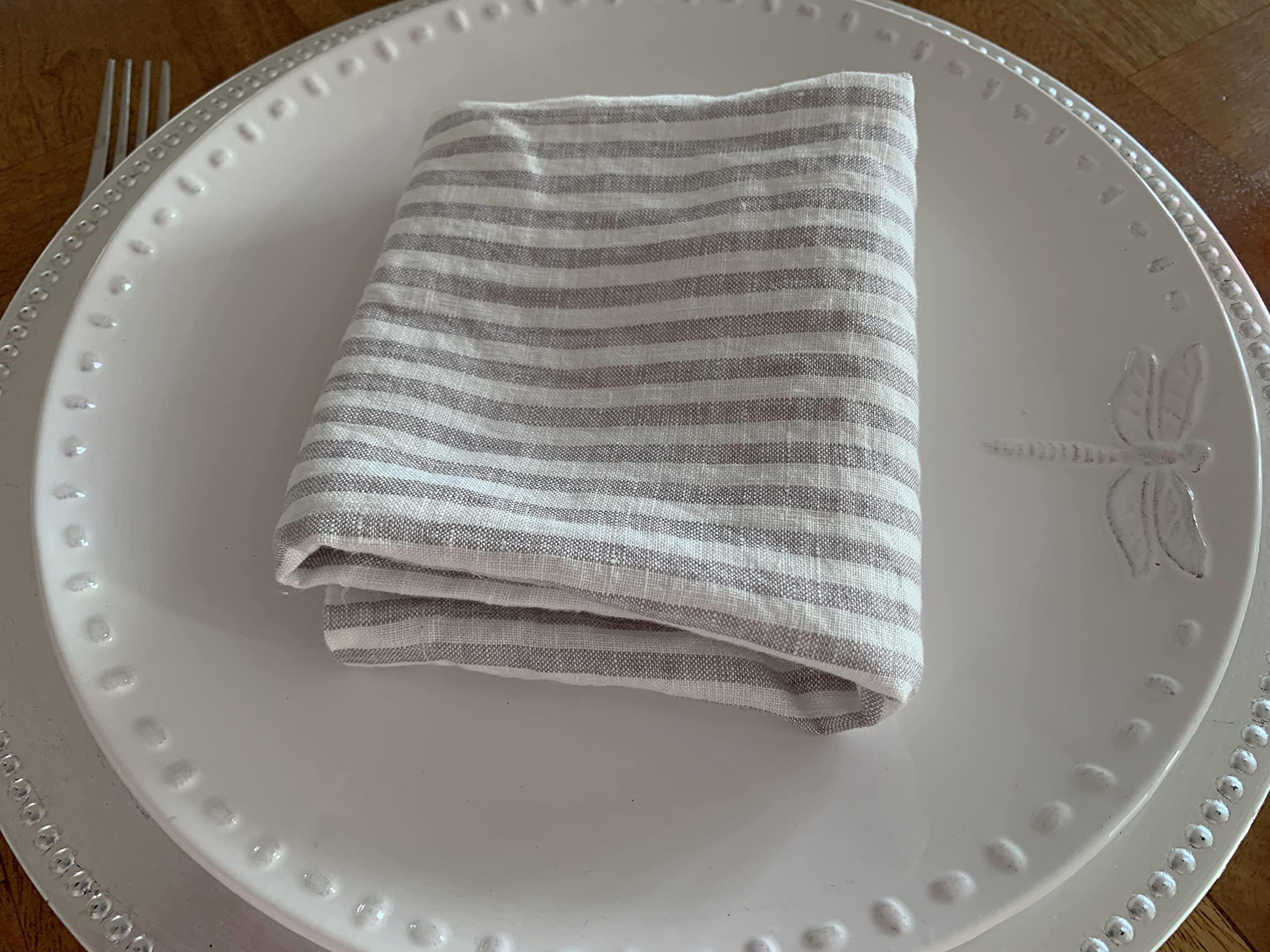 Linen Napkins - 100% French Flax - Stonewashed Pure Linen Cloth Napkins - Mitered Corners - Set Of 4 (Gray/White Stripe)