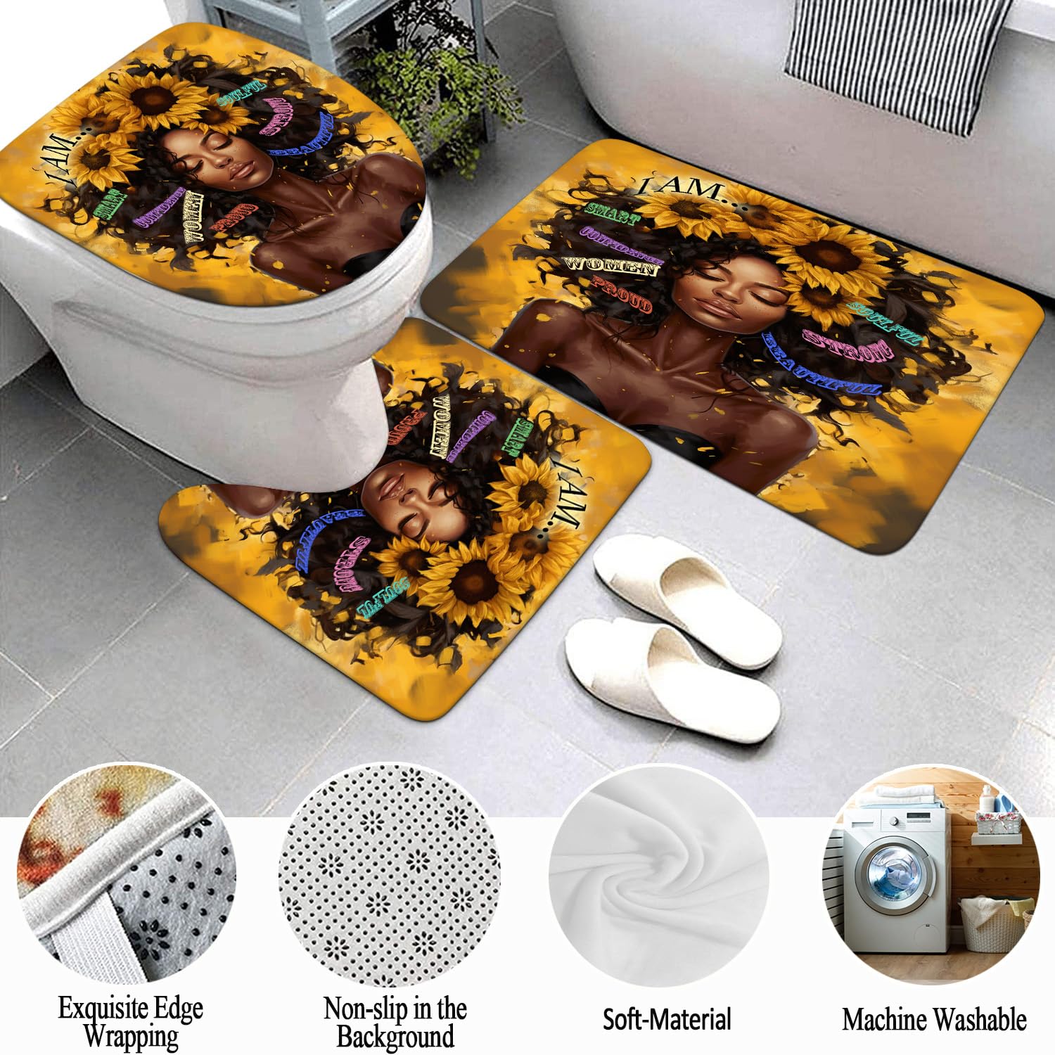4 Pcs Sunflower Black Girl Shower Curtain Sets, Inspirational Words African Queen Bathroom Sets With Shower Curtain And Rugs Toi