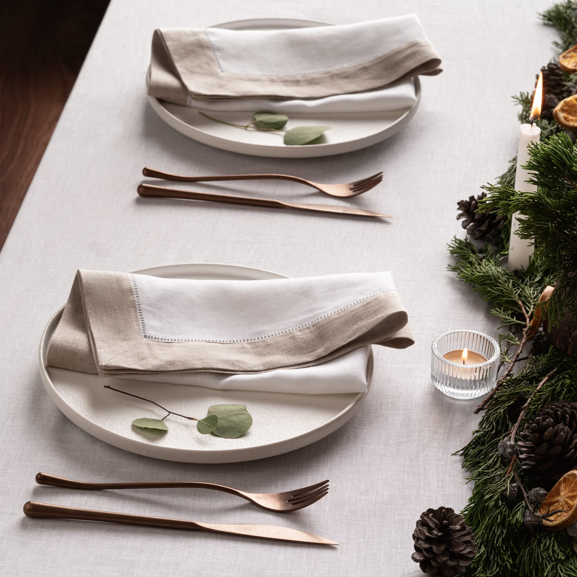 Linen Napkins 20 X 20 Inch - 100% Pure Linen White And Natural Dinner Napkins Set Of 4 - Hemstitch Napkins Cloth Washable For Ch