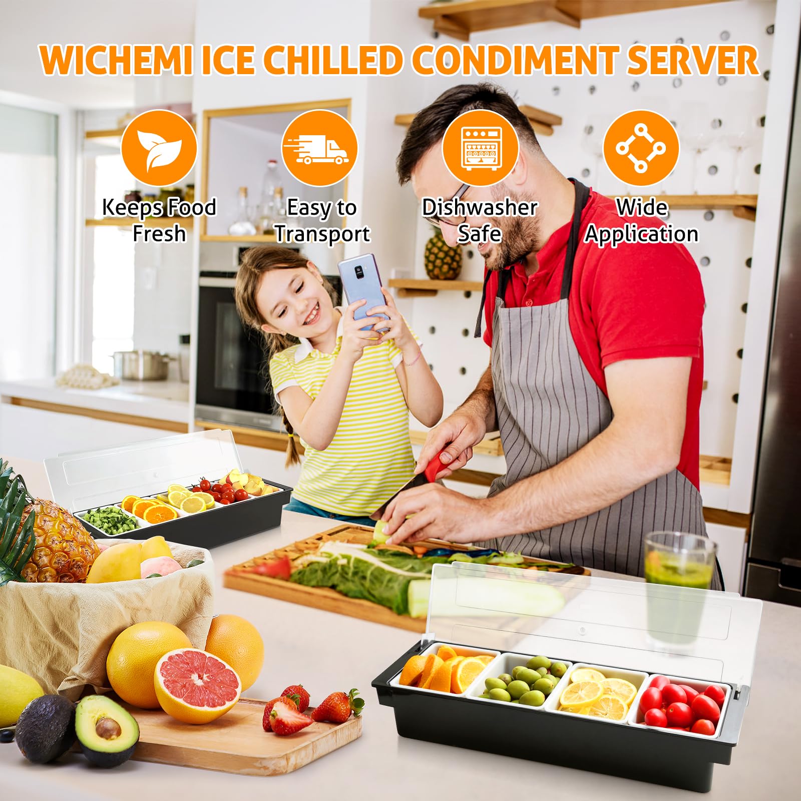 Wichemi Condiment Container With Lid Ice Chilled Condiment Server With Ice Tray Fruit, Veggie & Condiment Caddy Plastic Garnish
