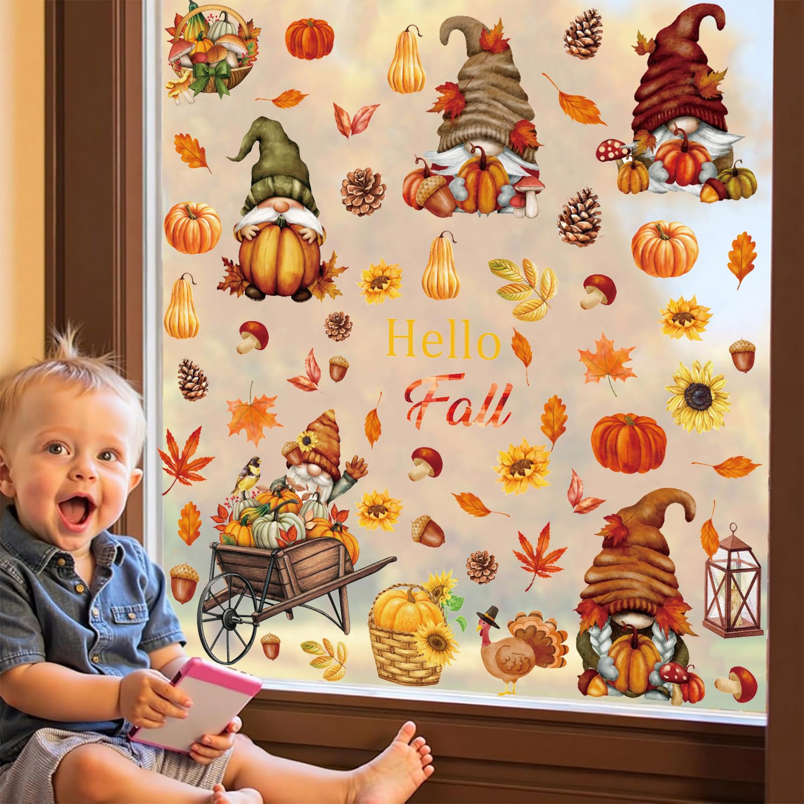 Aurlan Hello Fall Gnomes Window Clings,Thanksgiving Window Clings,Autumn Pumpkin Wall Stickers,Maple Leaves Wall Decals,Fall Lea