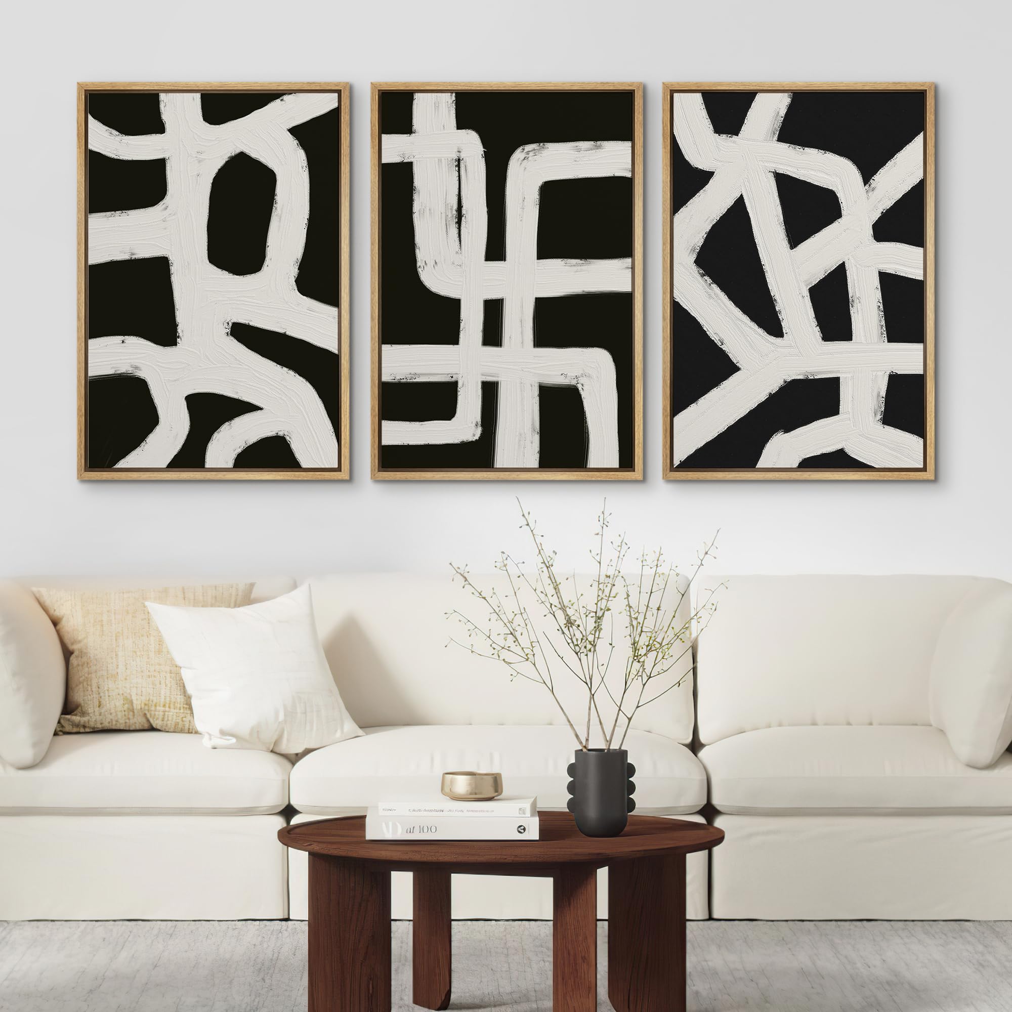 Signford Framed Canvas Print Wall Art Set Minimalist White Brushstrokes On Black Background Illustrations Modern Art Relax/Calm