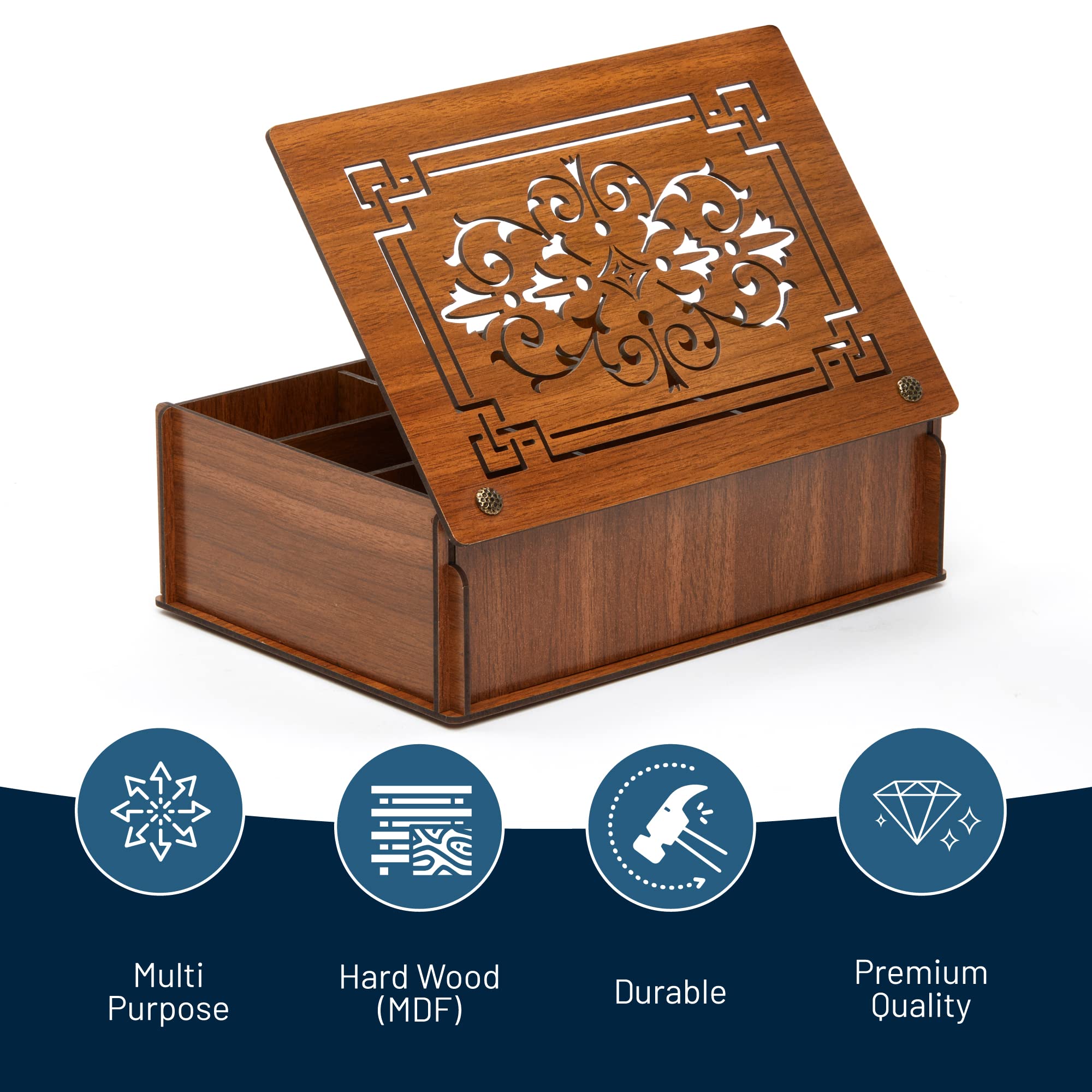 RoyalHouse Premium Wood (Hard MDF) Tea Storage Box Organizer (Brown)  Eco-Friendly Multi-Functional Decorative Box  9 Compartments For Assorted Variety Of Tea Bags and Small Items