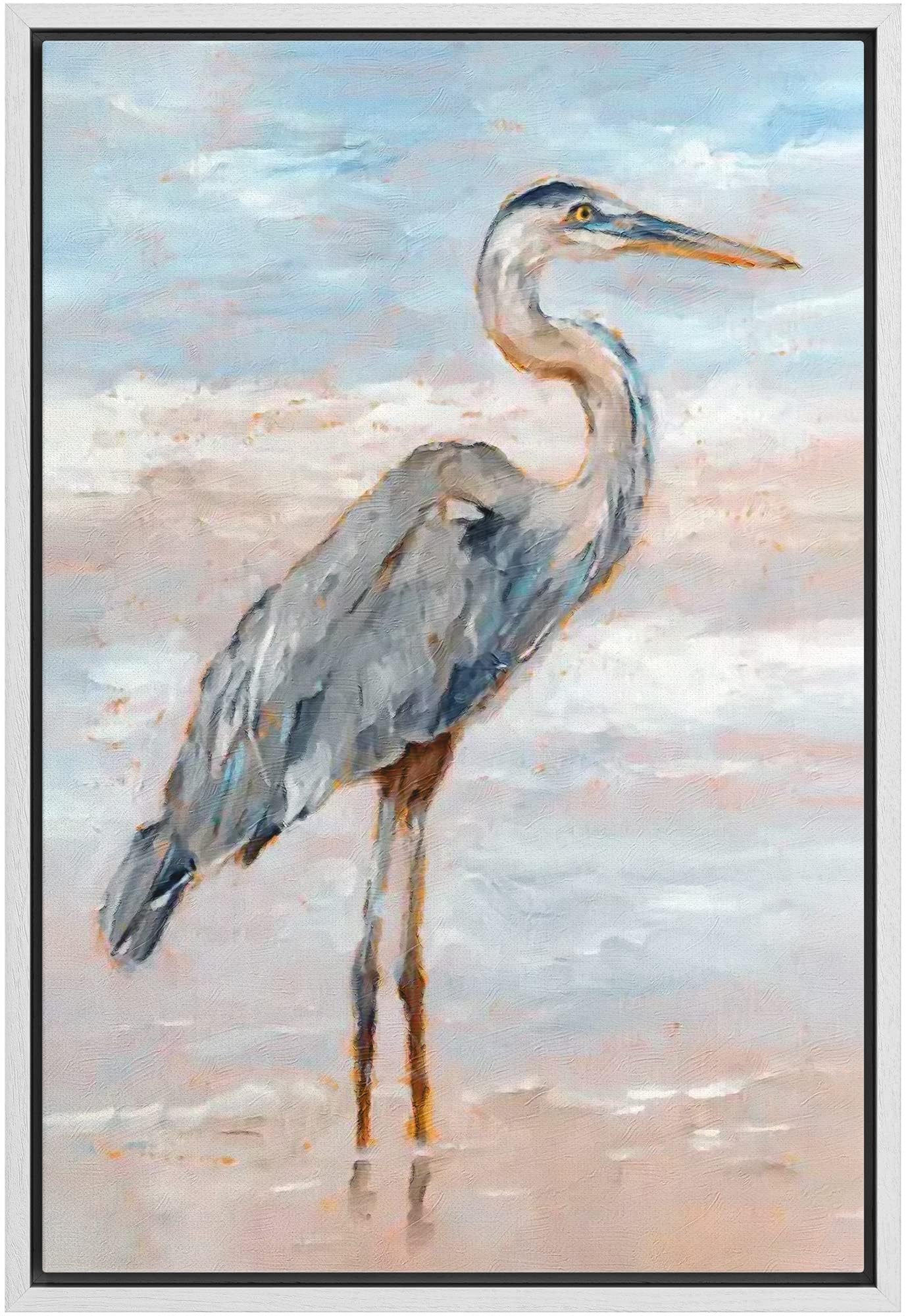 Wall26 Framed Canvas Print Wall Art Pastel Sky Beach Shore Wave Crane Bird Nature Wilderness Illustrations Modern Art Decorative