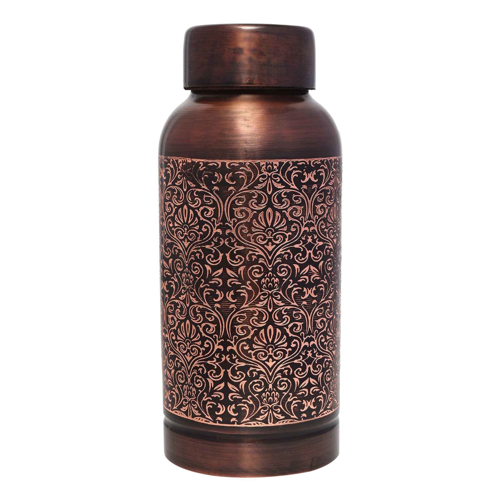 Pure Copper Water Bottle Beautiful Floral Pattern For Ayurveda Health Benefits  600 Ml (20.28 US Fl Oz)