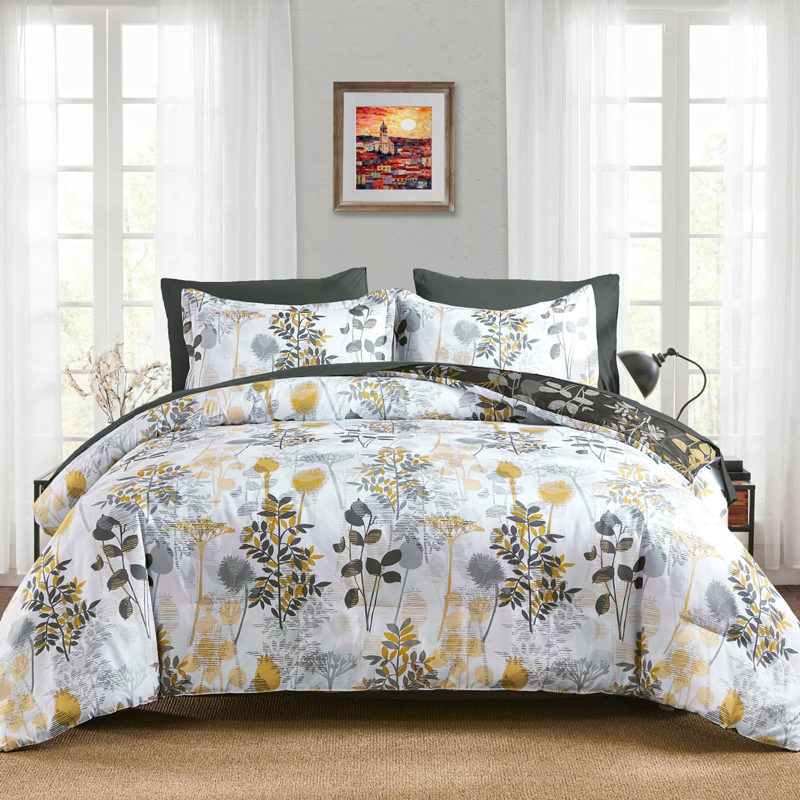Anibedding 7Pieces Queen Comforter Set, Grey Botanical Bed In A Bag Complete Set With Sheet Pillowcase For Bedroom All Season