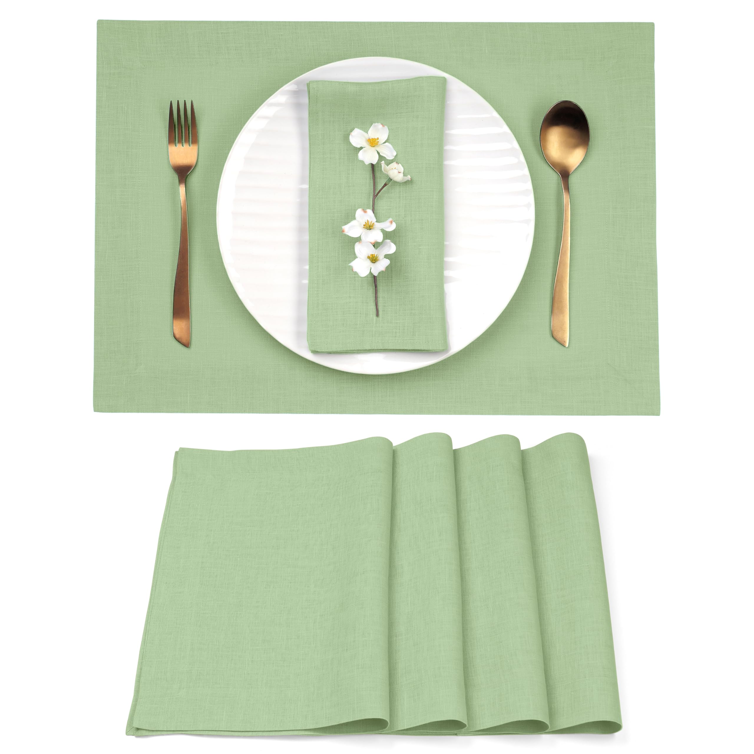 D'Moksha Homes Linen Placemats Set Of 4-100% Pure Linen Sage Green Placemats 14 X 19 Inch - Washable Sage Green Placemats For St