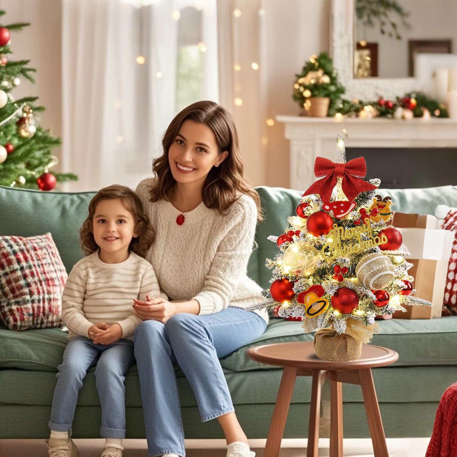 Mini Christmas Tree,22 Inches Artificial Tabletop Christmas Tree with 50 Lights(8 Modes),Snow Flocked Small Christmas Tree with