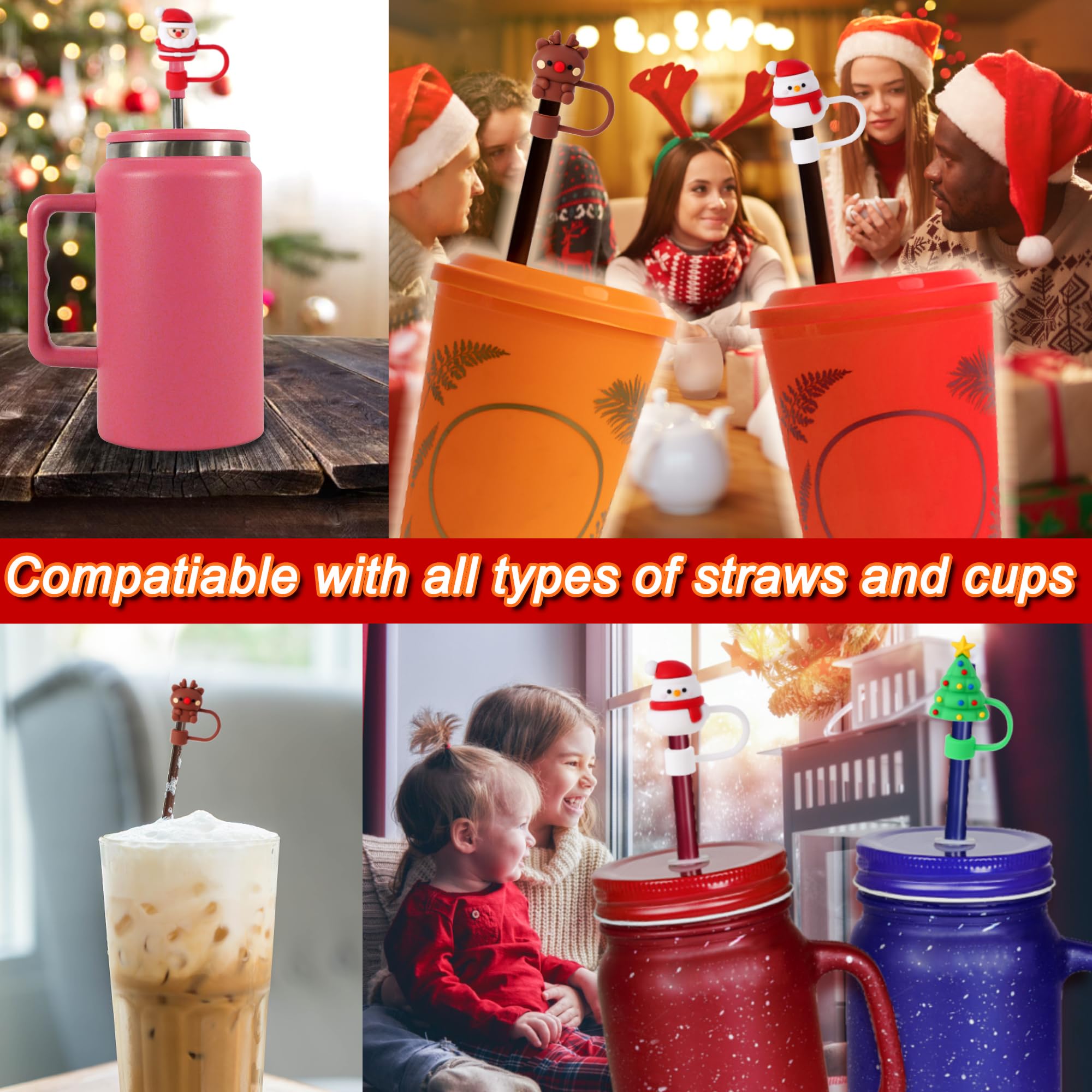 Avky 4 Pcs Christmas Straw Cover Cap For Stanley Cup, 10Mm 0.4In Stanley Accessories Xmas Straw Toppers Cap With 30&40 Oz Tumble