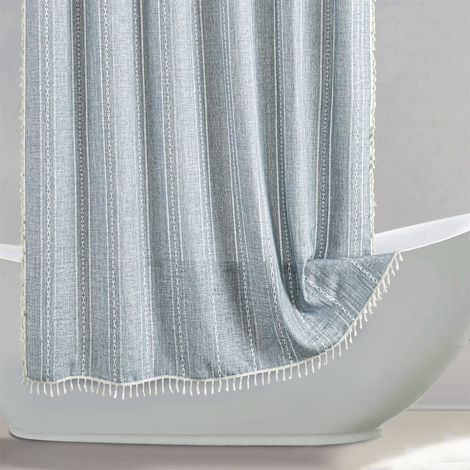 Roomtalks Blue Modern Farmhouse Shower Curtain With Tassels, Country Cottage Bathroom Decor Striped Minimal Boho Chic Texture Li