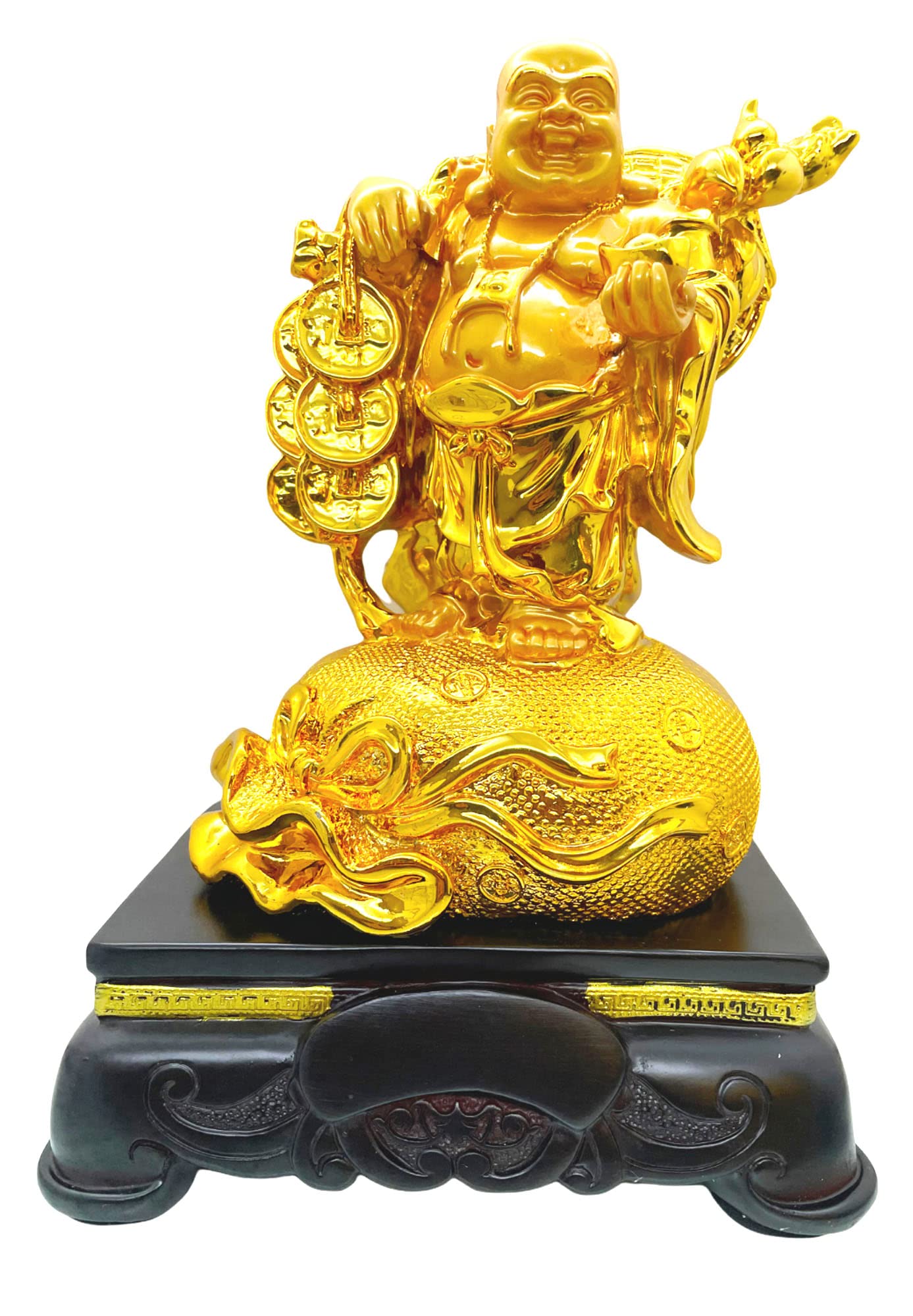 Saubhagya Global Polyresin Golden Set Of 1 Happy Man Standing On Big Potli Showpiece On Wooden Base, Large Size, Height-24Cm For