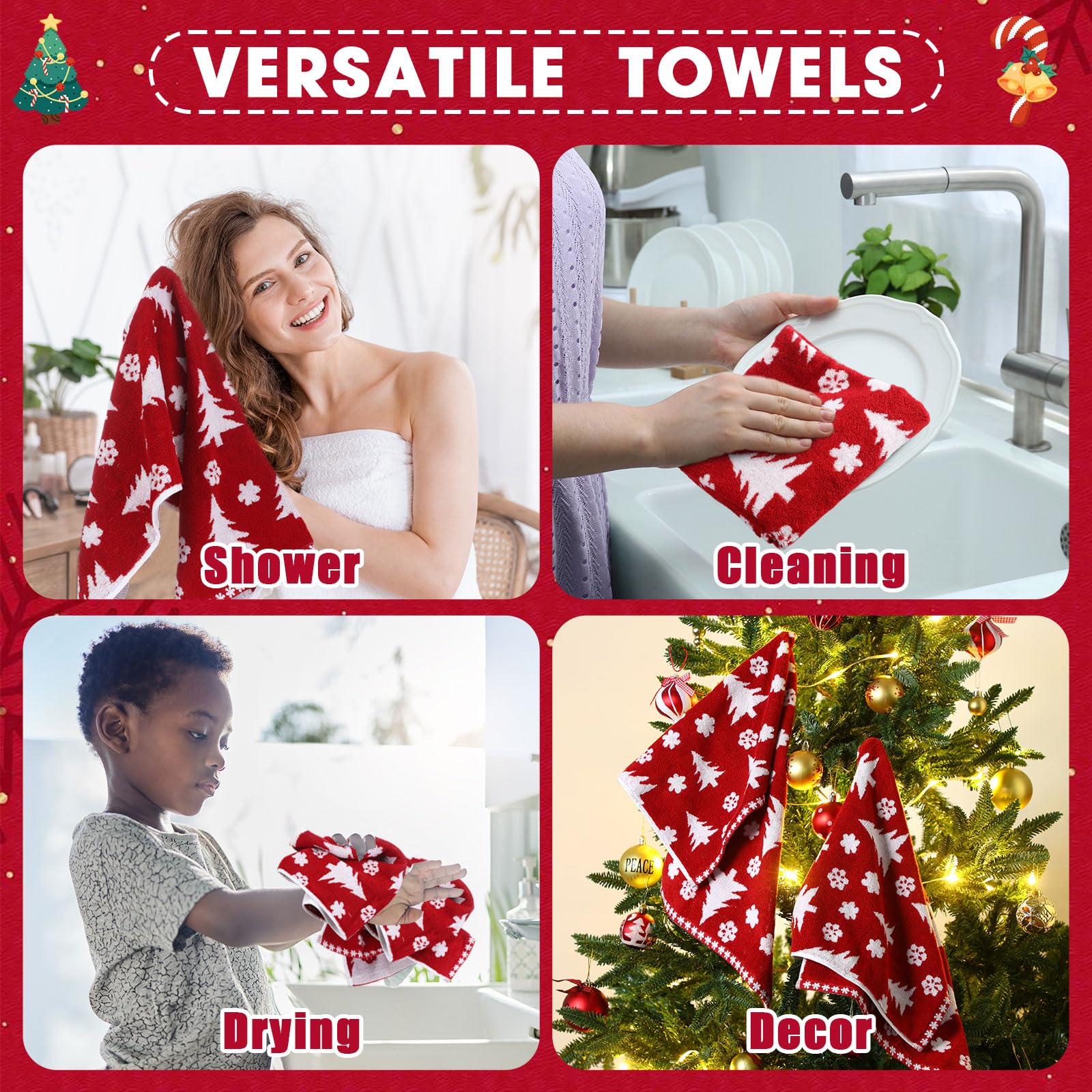 Peryiter 2 Pcs Christmas Hand Towels Red Christmas Tree Towels for Bathroom 100% Cotton Highly Absorbent Soft Decorative Kitchen