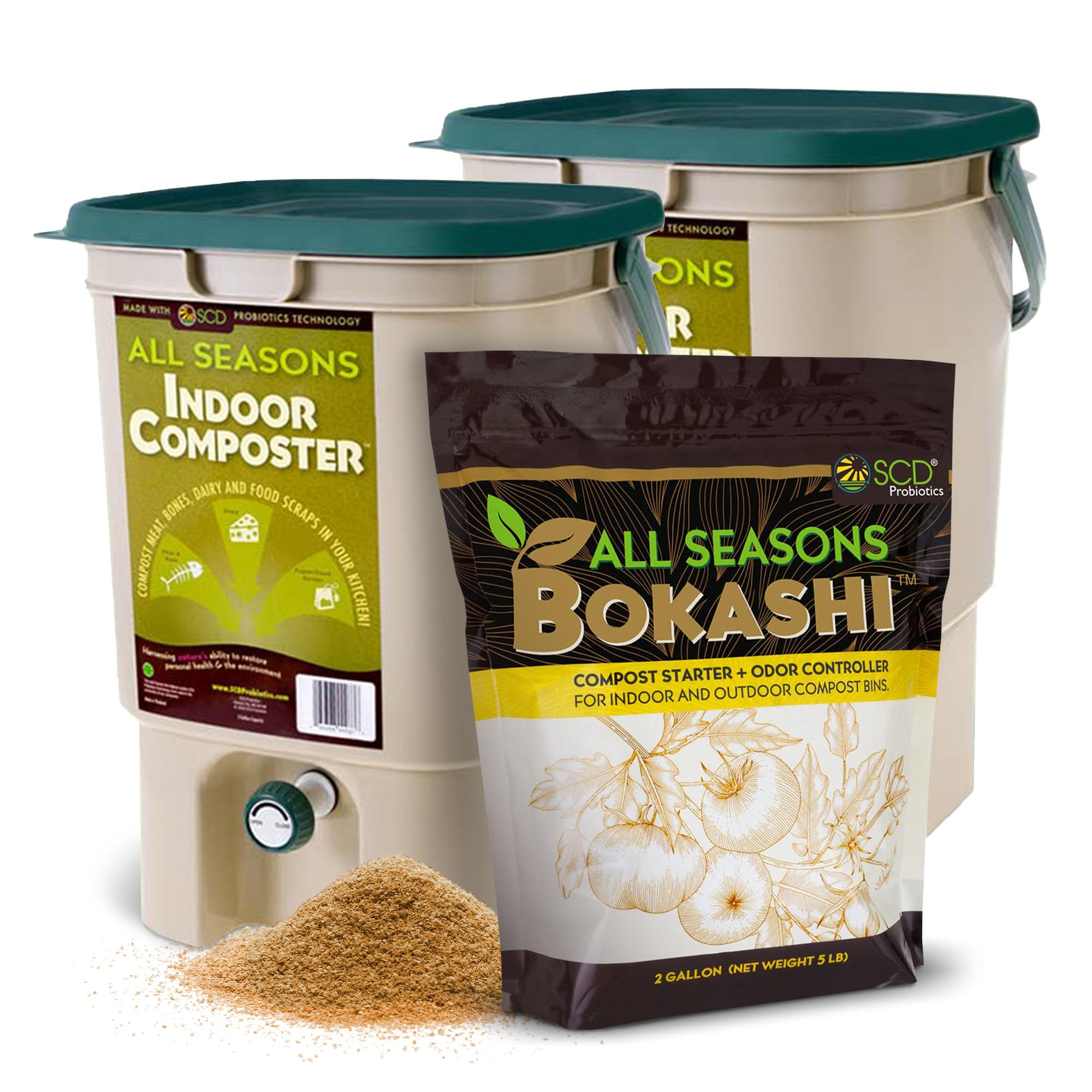 All Seasons Indoor Composter Starter Kit - Two Family-Sized Composting Bins for Kitchen Countertop and Bokashi Bran Starter 5 lb