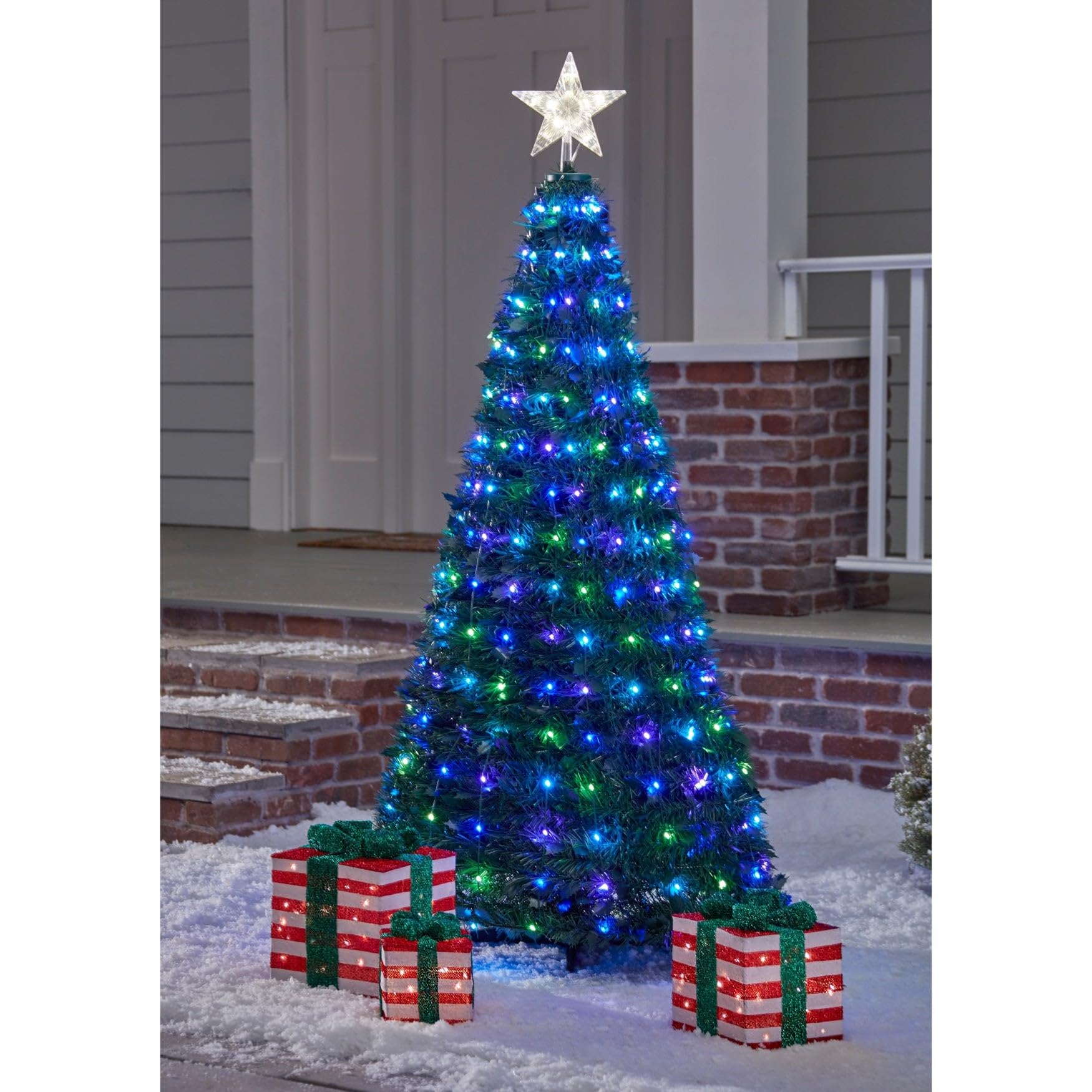 BrylaneHome 6 Ft Outdoor Pre-Lit Pop-Up Christmas Tree with Remote Control, 21 Lighting Options, Collapsible, Easy Assembly - Mu