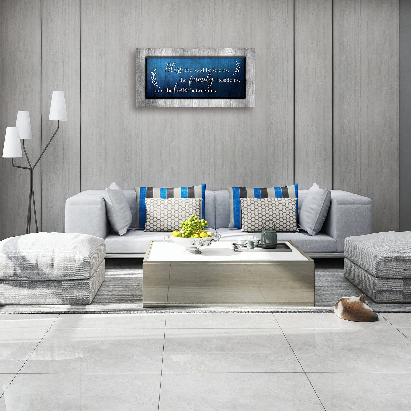 Aoshdart Canvas Wall Art For Dining Room Decor-Blue And Grey Canvas Prints Painting Bless The Food Quote-Wall Pictures Living Ro