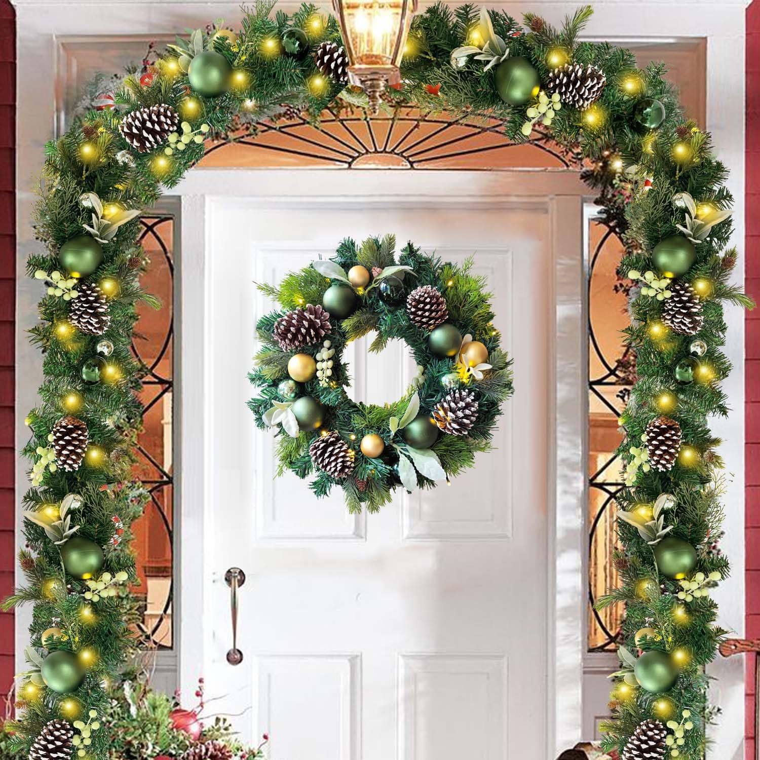 WANNA-CUL Pre-Lit 20 Inch Lighted Christmas Wreath for Front Door Decoration with Green Gold Christmas Ball Ornaments,Battery Op
