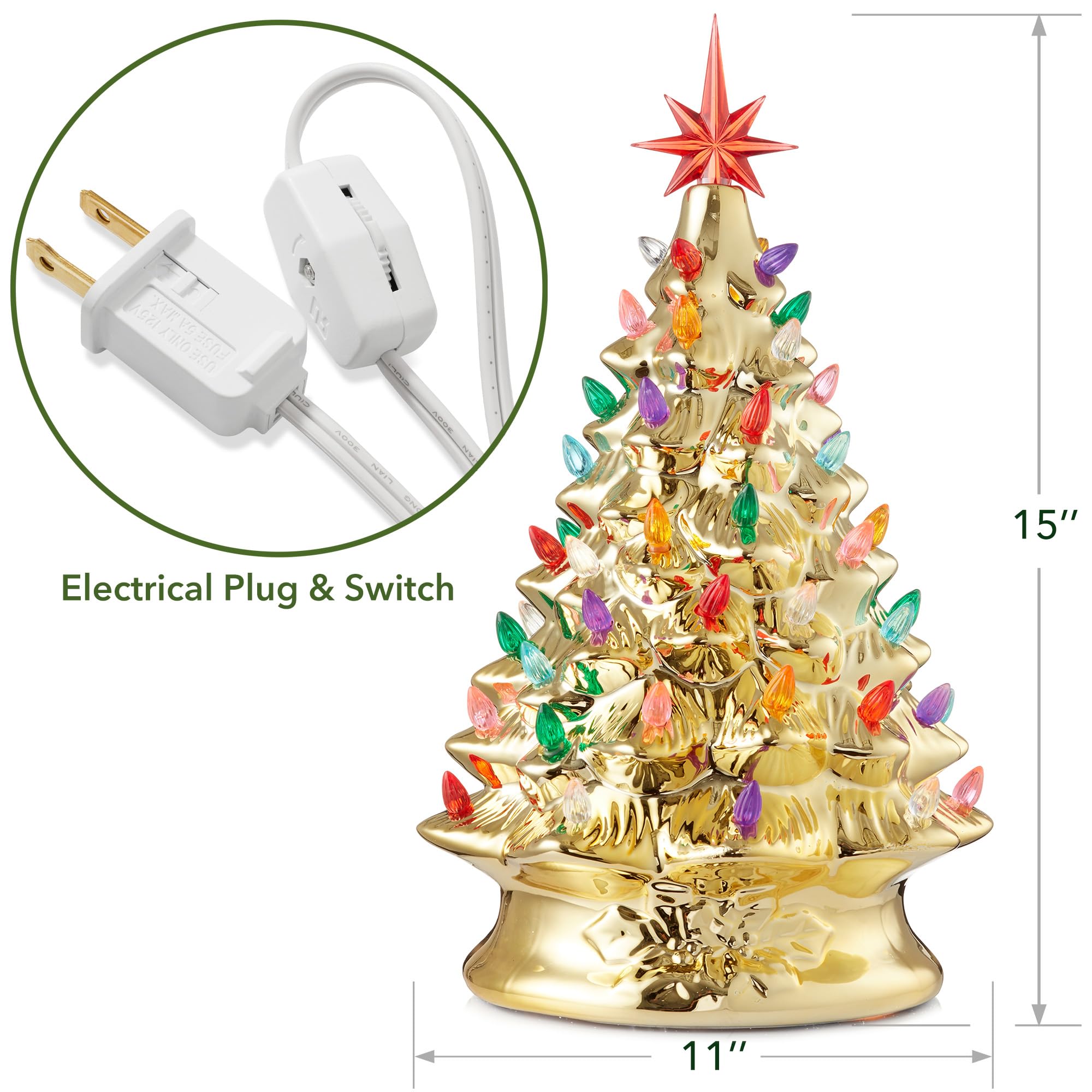 Casafield Hand Painted Ceramic Christmas Tree, Gold 15-Inch Pre-Lit Tree with 128 Multi Color Lights and 2 Star Toppers