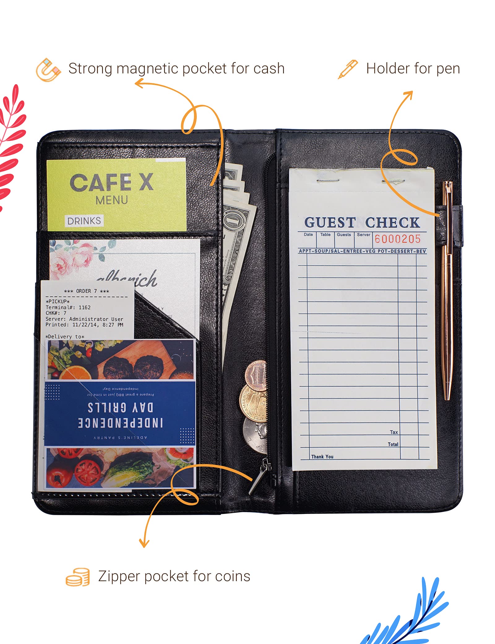 Mymazn Server Book For Waitress, 5X9 Server Book With Zipper, Magnetic Pocket, Pen Holder, Black Server Book With Flower Pattern