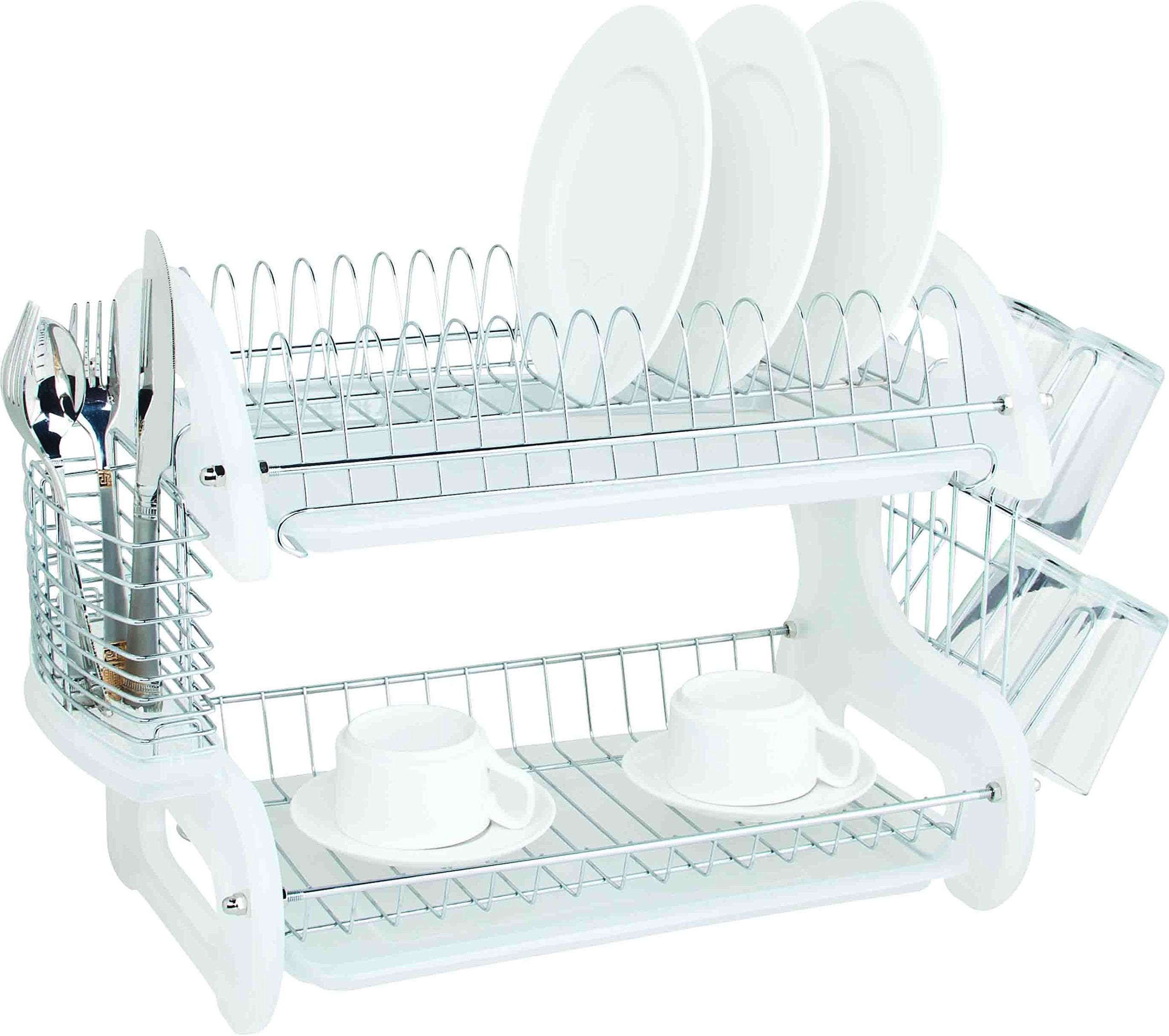 Home Basics Plastic 2Tier Dish Drainer Rack, Air Drying and Organizing Dishes, Side Mounted Cutlery Holder, White