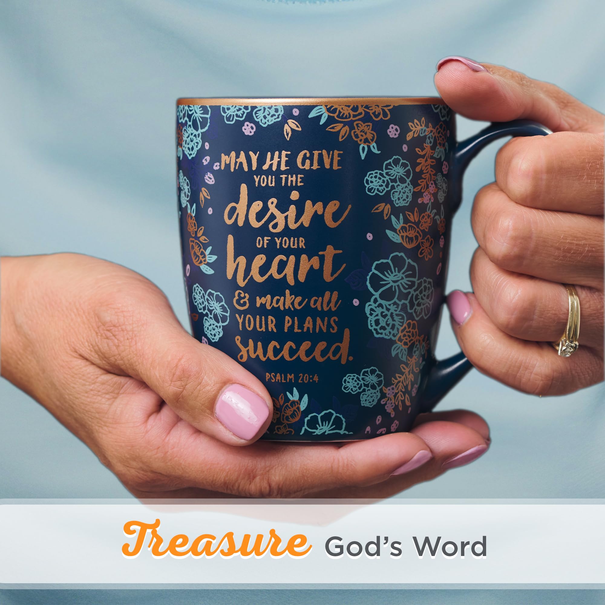Christian Art Gifts Blue Bible Verse Mug - Floral Faith Mug for Women & Men  Ceramic Coffee Mug w/Gold Trim & Psalm 20:4 Calligraphy - ?The Desires of Your Heart? Mug  12 oz