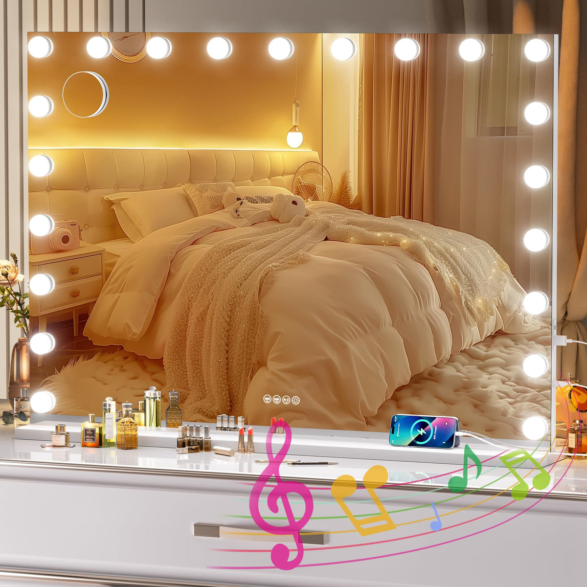 Ouboyo Vanity Mirror With Lights And Bluetooth Speaker, 41'' X 30'' Hollywood Makeup Mirror With 21 Dimmable Bulbs And 5X Magnif