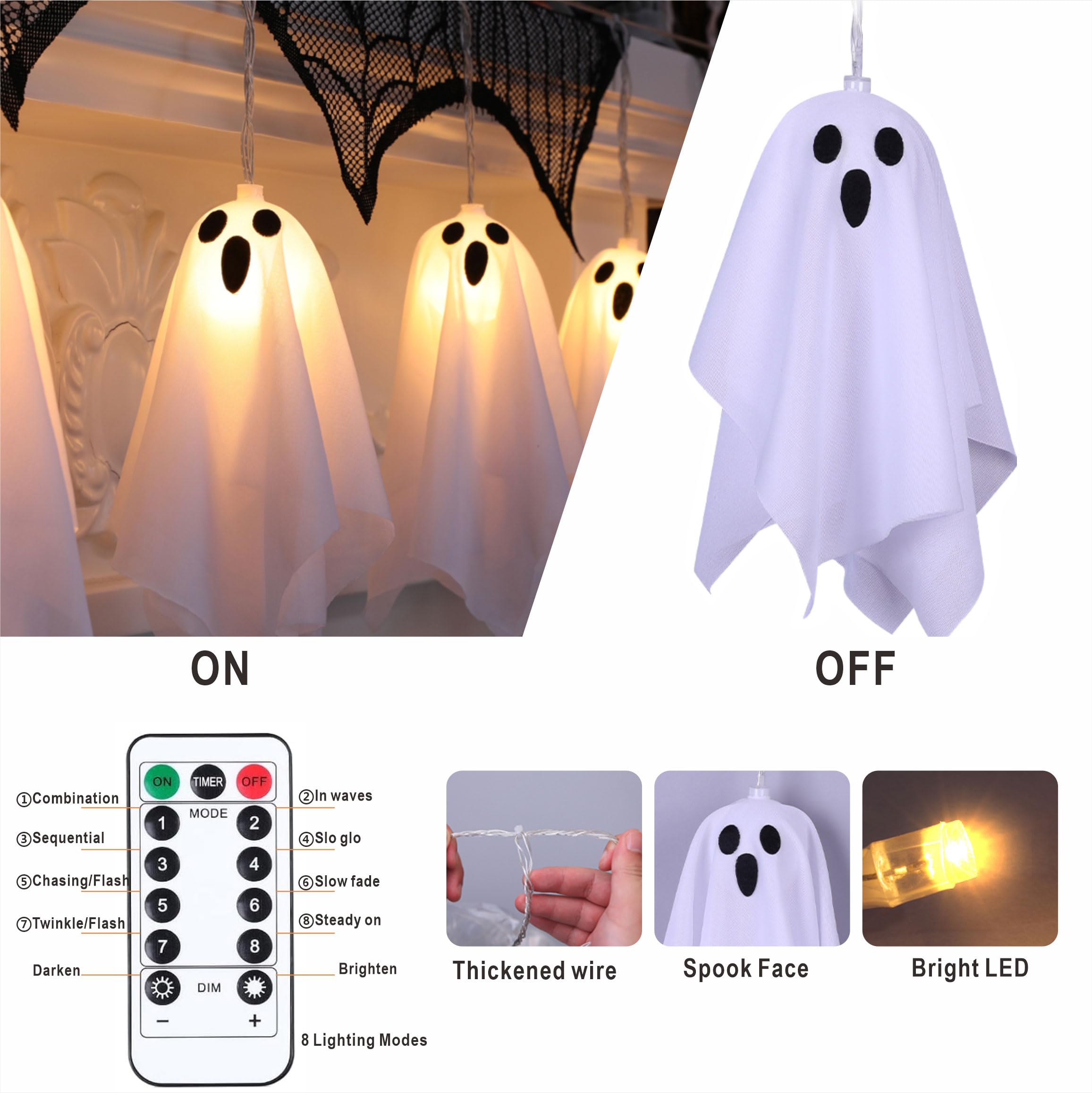 Halloween Decoration String Lights, Light up Ghost Garland, 7.5ft Battery Operated Ghost Lights with 10 LED for Mantle, Fireplac