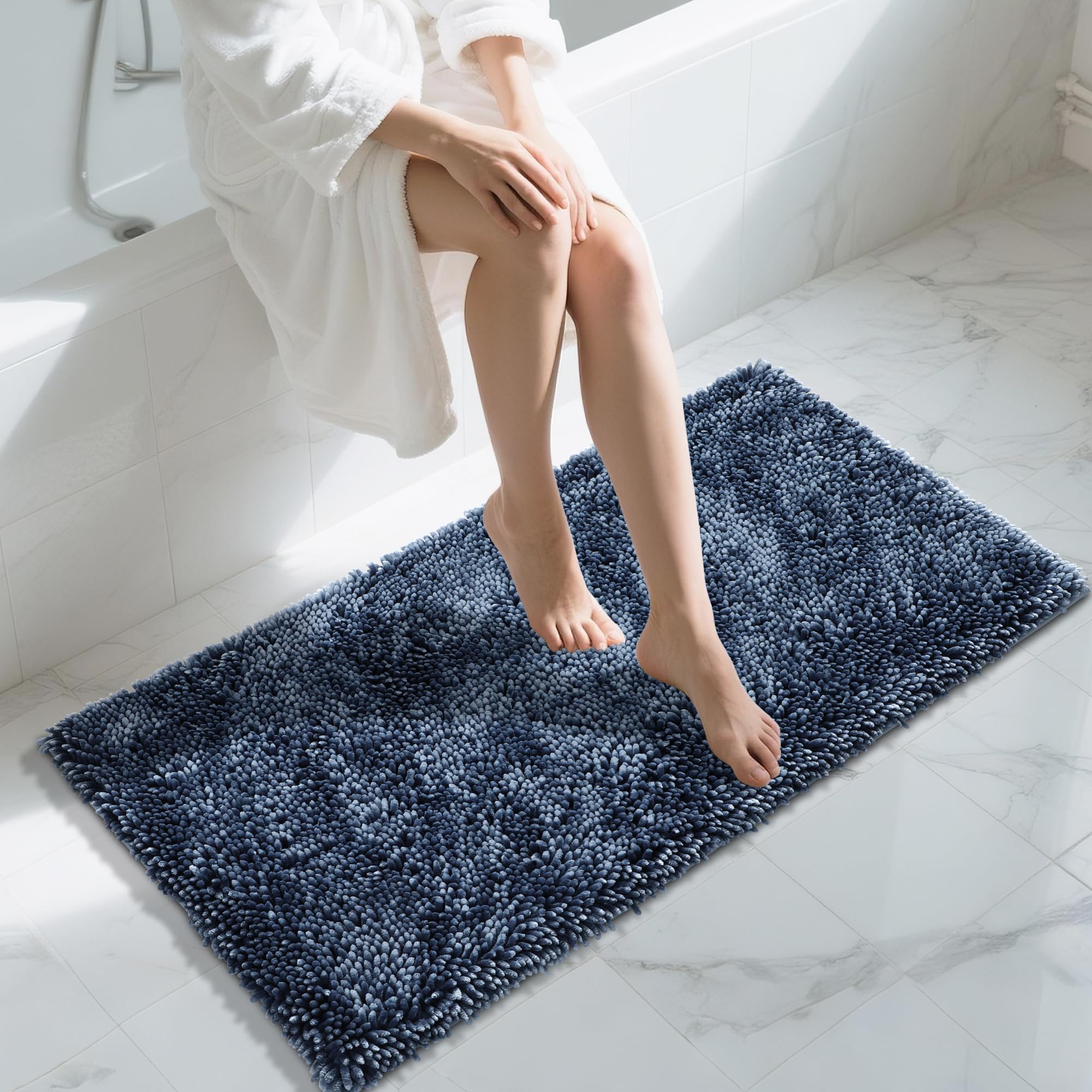 Yimobra Original Chenille Bath Rug Mat  Large Size 44.1 x 24 Inch  Soft Shaggy  Non-Slip Bath Mat  Super Absorbent  Machine Washable and Dry  Bathroom Carpets for Nursery  Bed Living Room  Light Blue