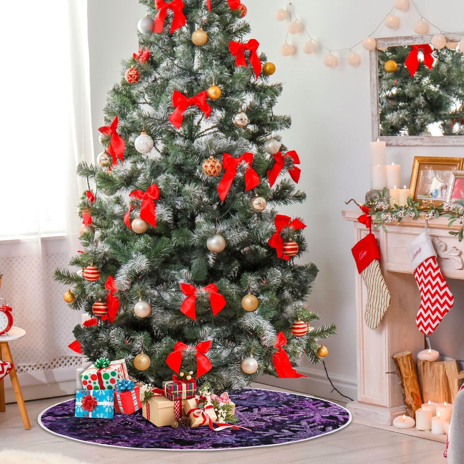 Vozoza Christmas Purple Snowflake Party Tree Skirt, Seasonal Tree Mat Holiday Party Supplies Ornaments Indoor Outdoor Decoration