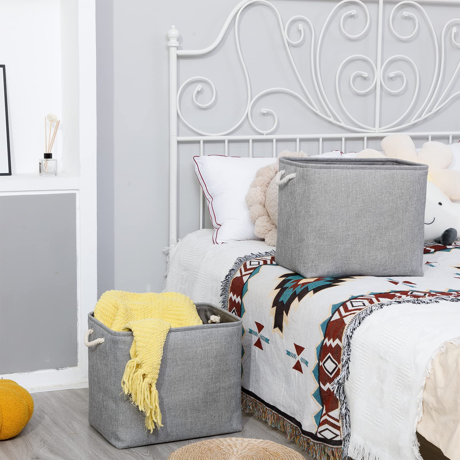 Bidtakay Collapsible Storage Bins For Clothes Large Grey Storage Baskets With Cotton Handles 17X12X15 In Set Of 2 Fabric Cubby S