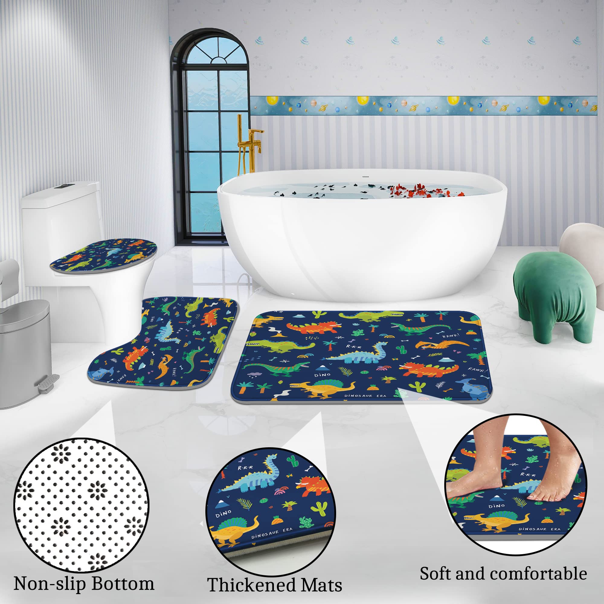 Poedist 4 Pcs Bathroom Shower Curtain Set,Kid'S Bathroom Curtain Sets With Rugs(Bath Mat,U Shape And Toilet Lid Cover Mat) And 1