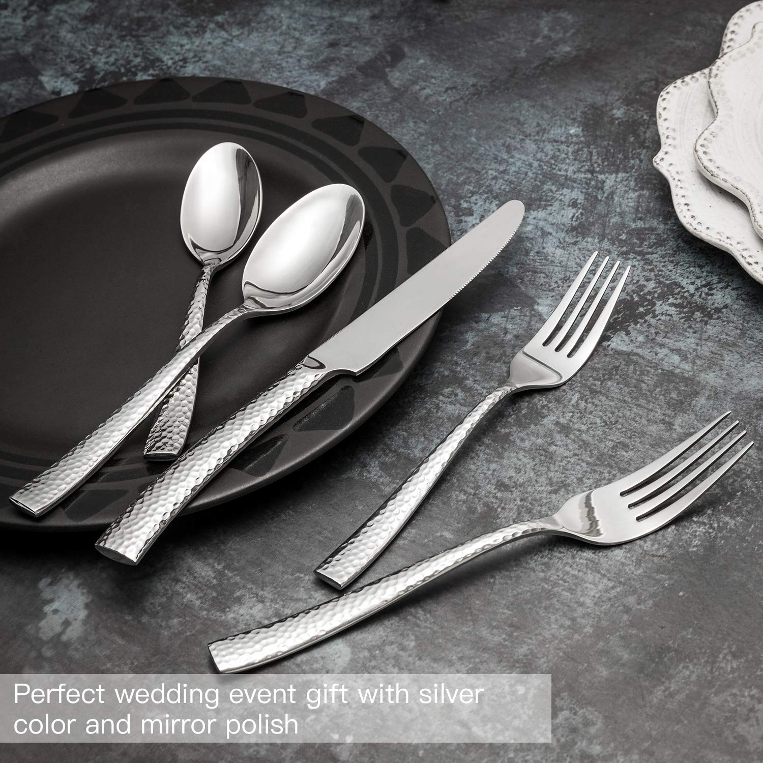 Kelenfer Flatware Set Silverware Cutlery Set Forged Stainless Steel 20 Piece Hammered Handle Service For 4
