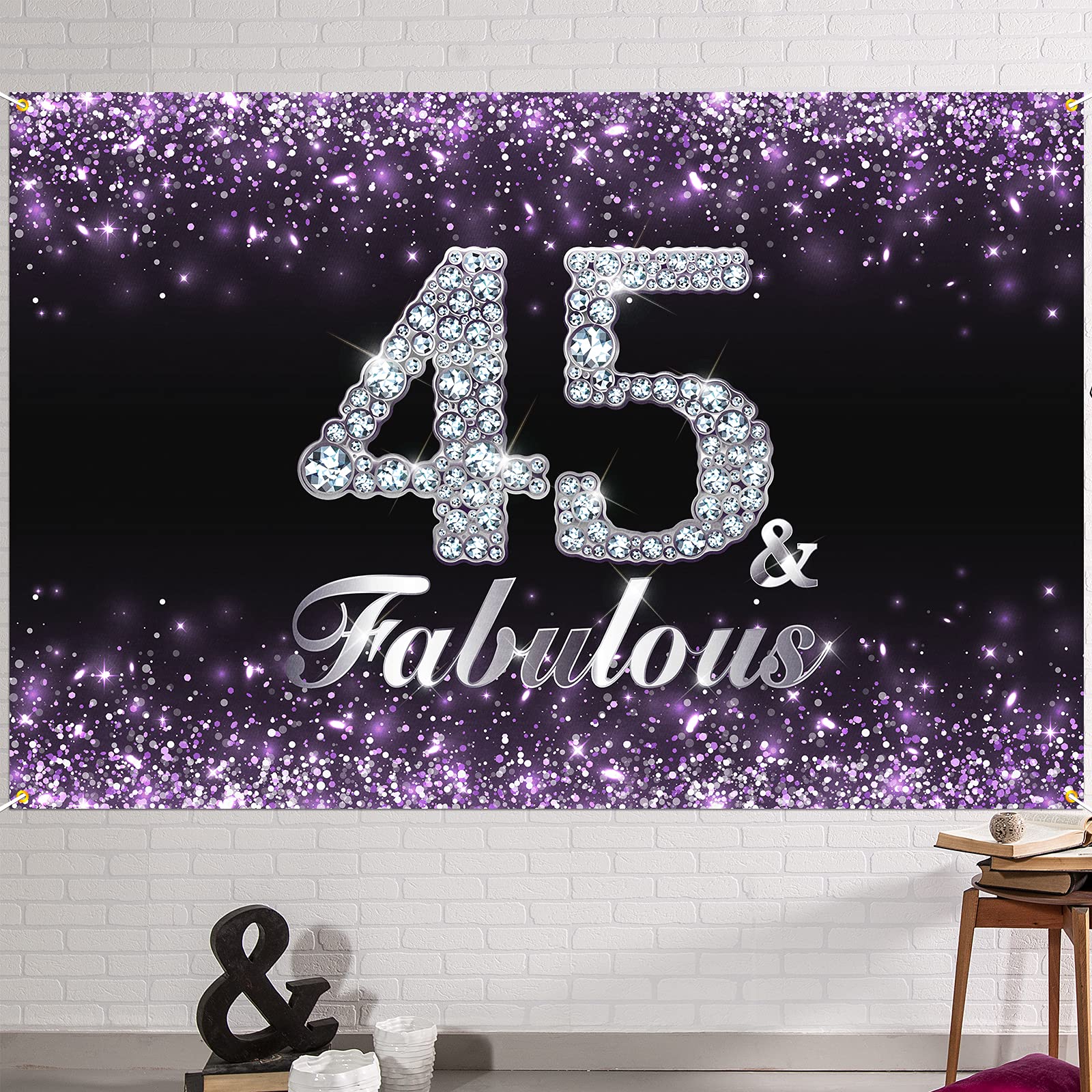 Hamigar 6X4Ft Happy 45Th Birthday Banner Backdrop - 45 & Fabulous Birthday Decorations Party Supplies For Women - Purple