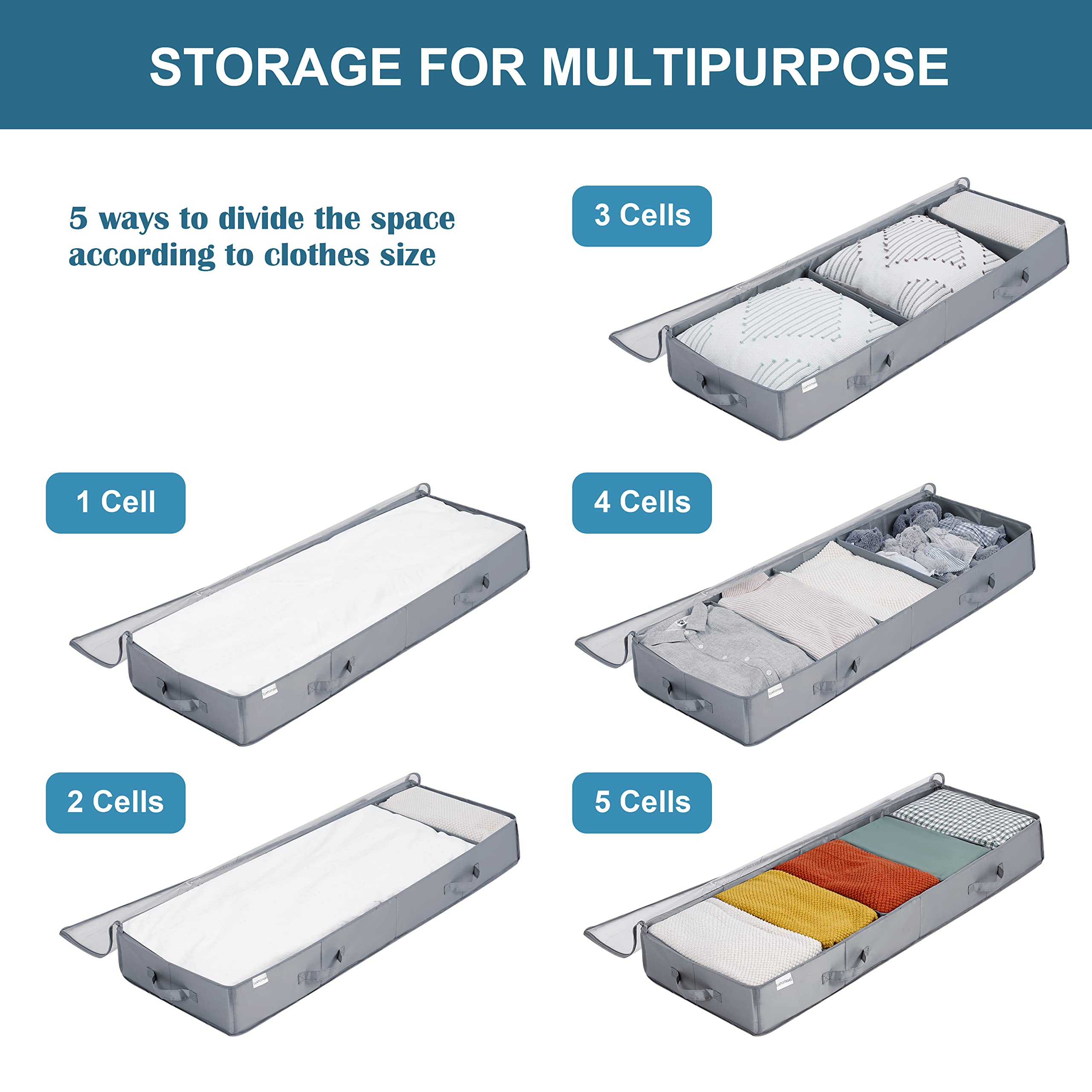 Under Bed Storage Containers, 2 Pack Under the Bed Bags with Dividers, Clear Foldable Underbed Storage Bins, Under Bed Organizer