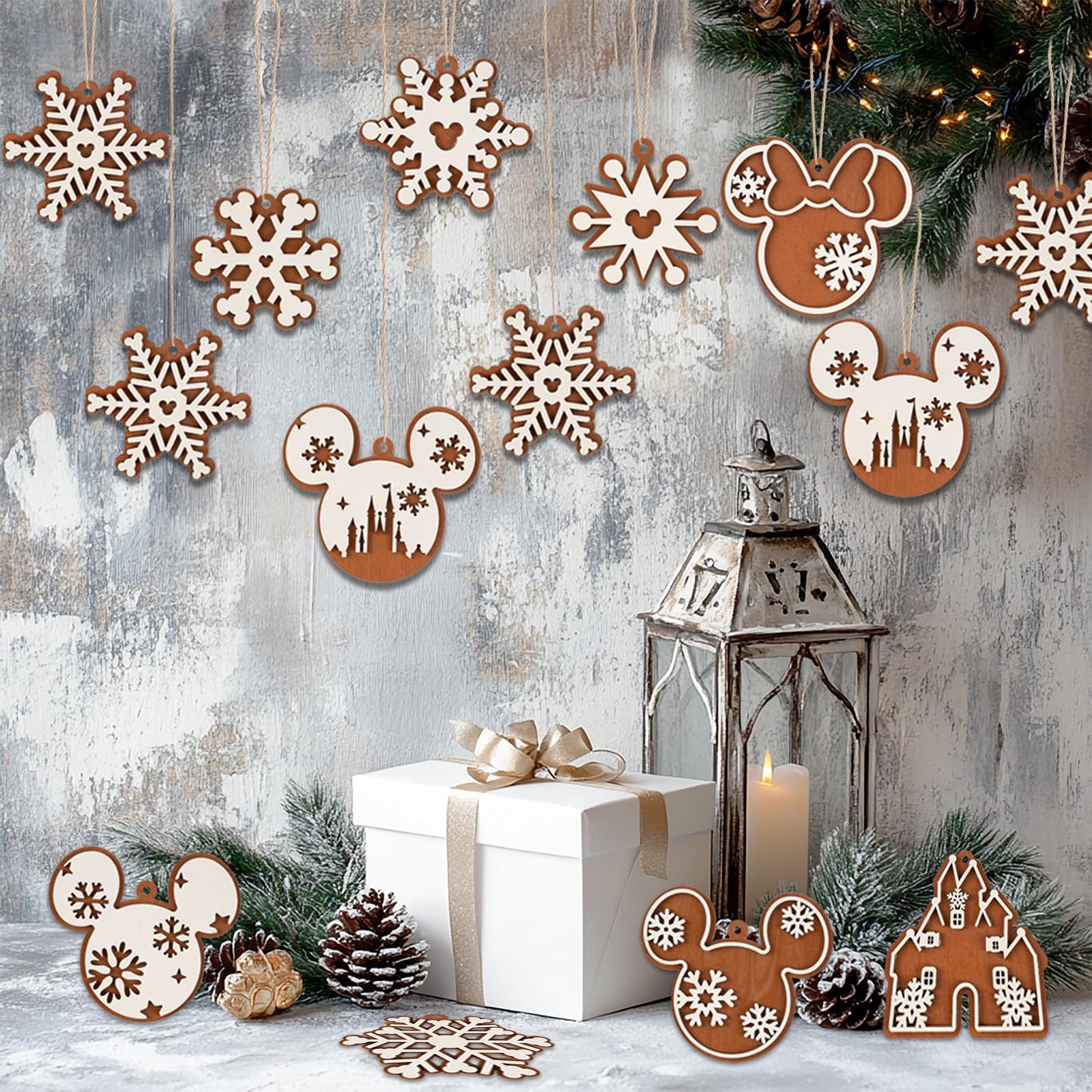 Christmas Tree Decorations, 12pcs Cute Christmas Snowflake Mouse Ornaments for Tree, Wooden Round Hanging Ornaments Pendants for