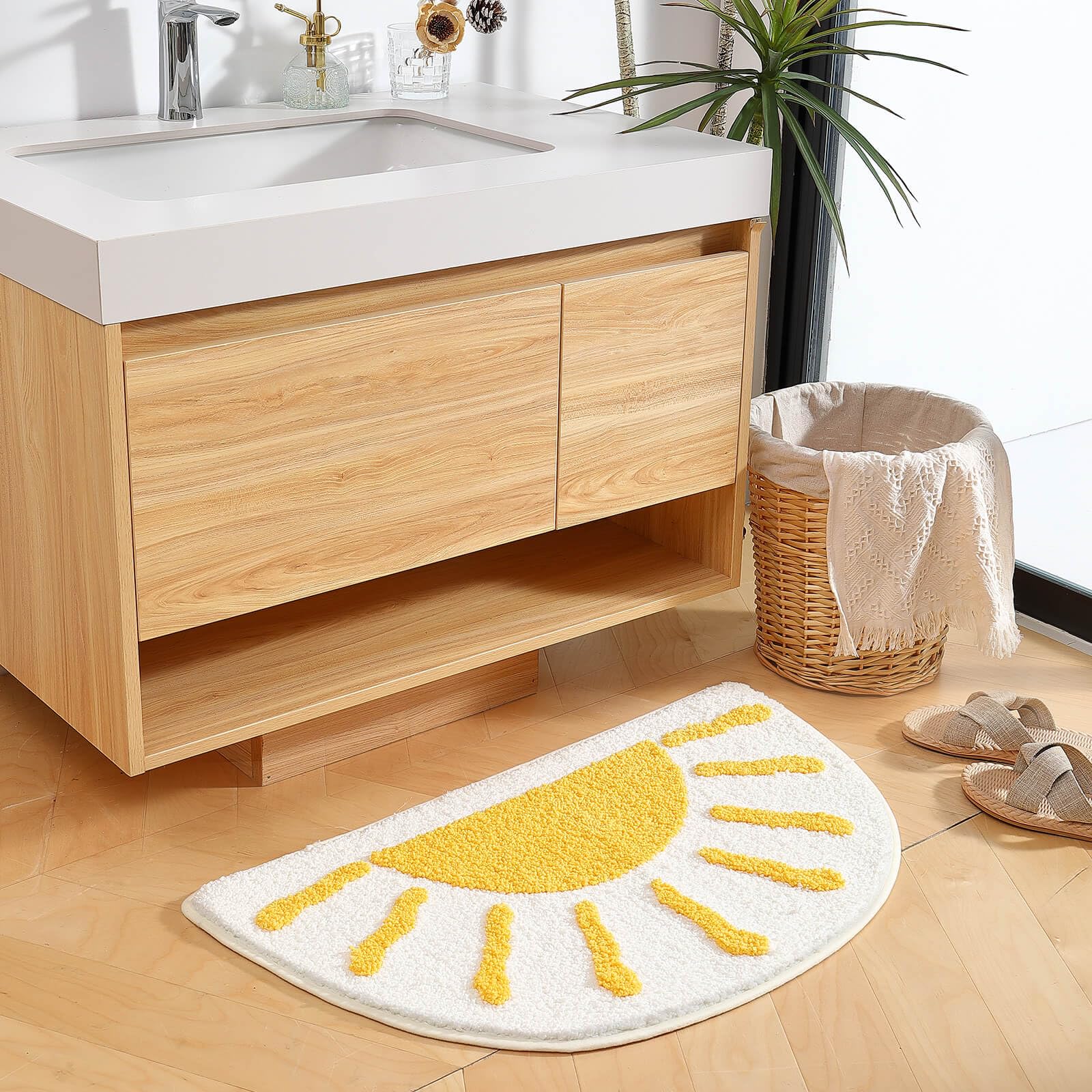 Bathroom Rugs Mat Half Circle - Cute Sun Fun White Yellow Boho Bath Mats Non Slip, Soft Absorbent Microfiber Bohemian Rug, Semi