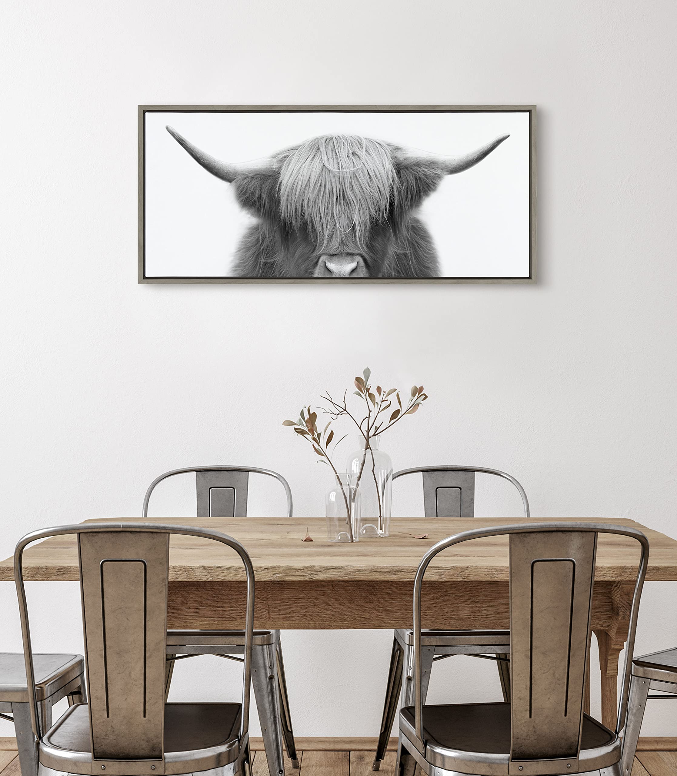 Kate And Laurel Sylvie Hey Dude Highland Cow Framed Canvas Wall Art By The Creative Bunch Studio, 18X40 Gray, Rustic Cow Art For
