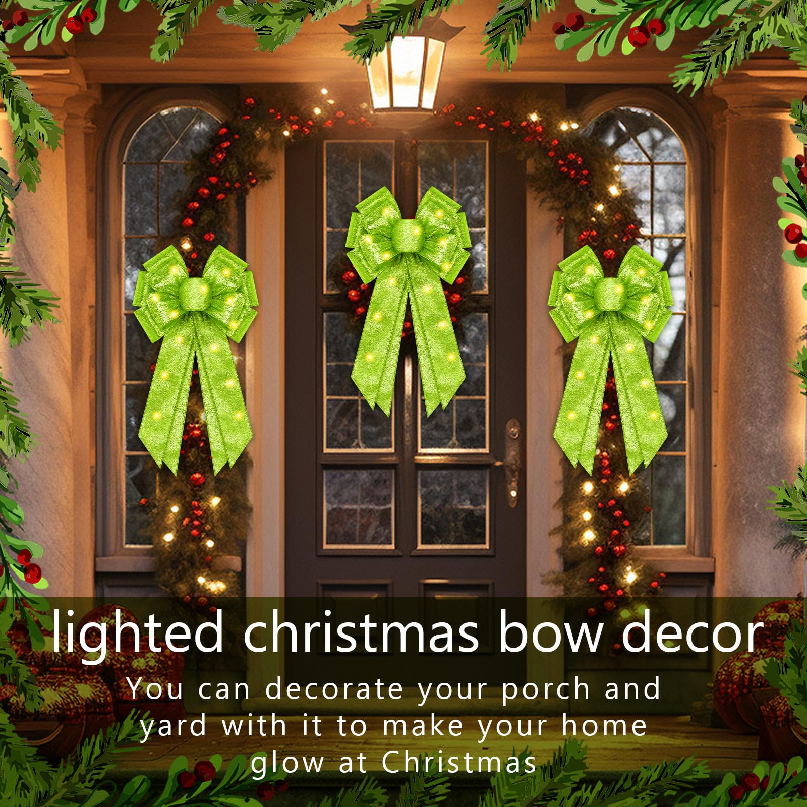 Giegxin 2 Pcs Large Lime Green Lighted Christmas Bows with Lights for Wreath and Tree Topper, 18x10 Inch Pre Lit Wreath Bow Ligh