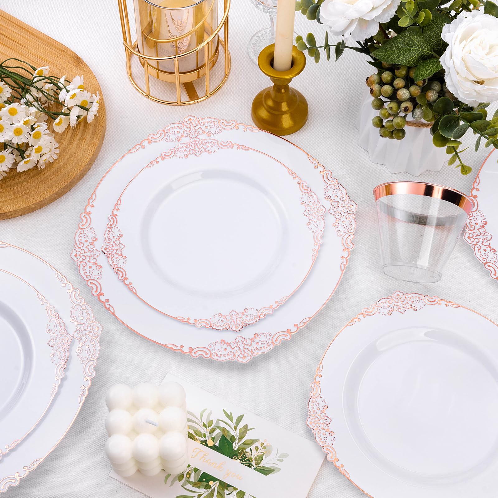 Bestluck 100 Pcs White And Rose Gold Plastic Plates For 50 Guests, Rose Gold Disposable Plates Include 50 Pcs Dinner Plates, 50