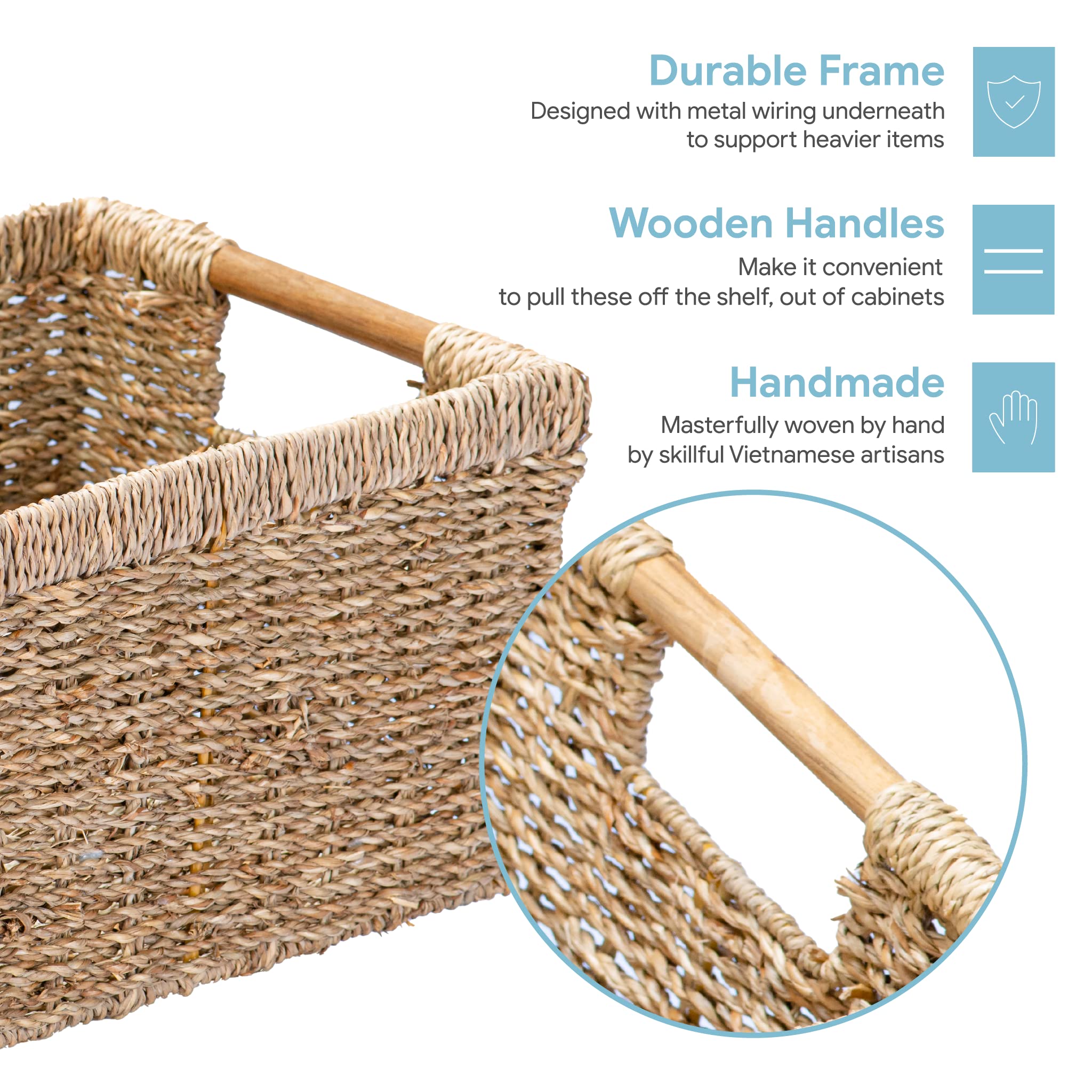 Natural Seagrass Basket With Wooden Handle, Medium Rectuangular Wicker Basket For Living Room 12.2 X 8.9 X 6.7 Inches - 3 Pack