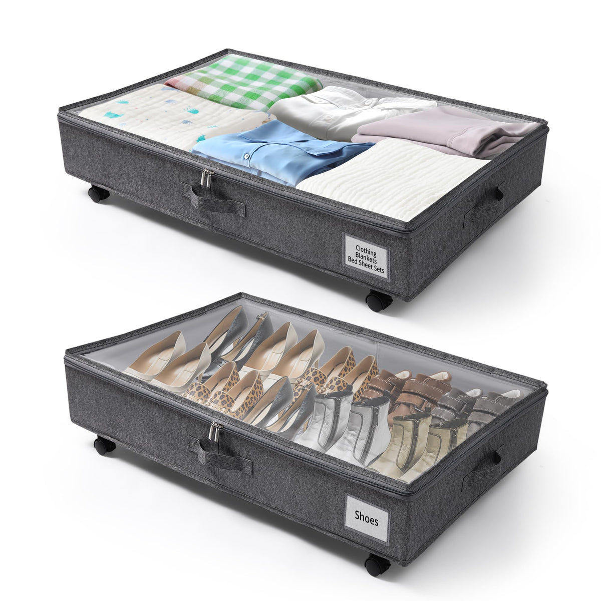 Under Bed Storage with Wheels Set of 2 Packs, Large Underbed Storage Containers with Clear Lid, Rolling Under Bed Shoe Organizer