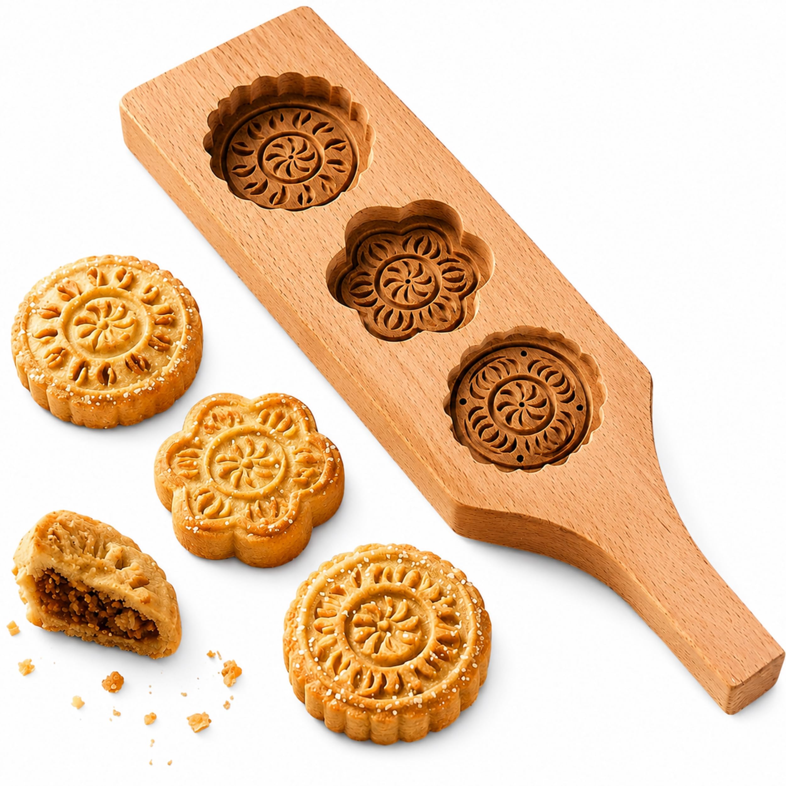 Carved Wood Cookie Molds for Baking  11.8 Mooncake Mold Middle Eastern Cookie for Shaping Dough 3 Floral Cookie Stamps Spoon f